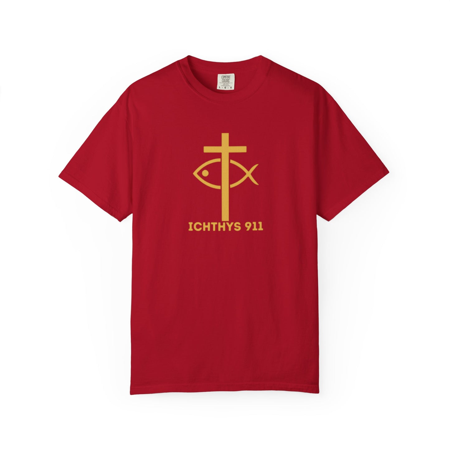 Iēsous Christos, Theou Yios, Sōtēr = Jesus Christ, Son of God, Savior - Gold Font - Unisex Garment Dyed T- Shirt - Men T-Shirt - Women T-Shirt - Christian Streetwear T-Shirt – Jesus Gym & Faith Fashion,ICHTHYS 911 -