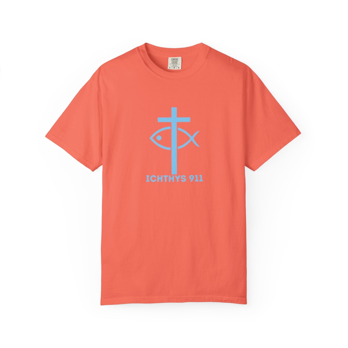 ICHTHYS 911 "Strength Through Christ Philippians 4:13" - Blue Font - Unisex Garment Dyed T- Shirt - 100% US Cotton -Men T-Shirt - Women T-Shirt- Christian Activewear - Wear Your Faith