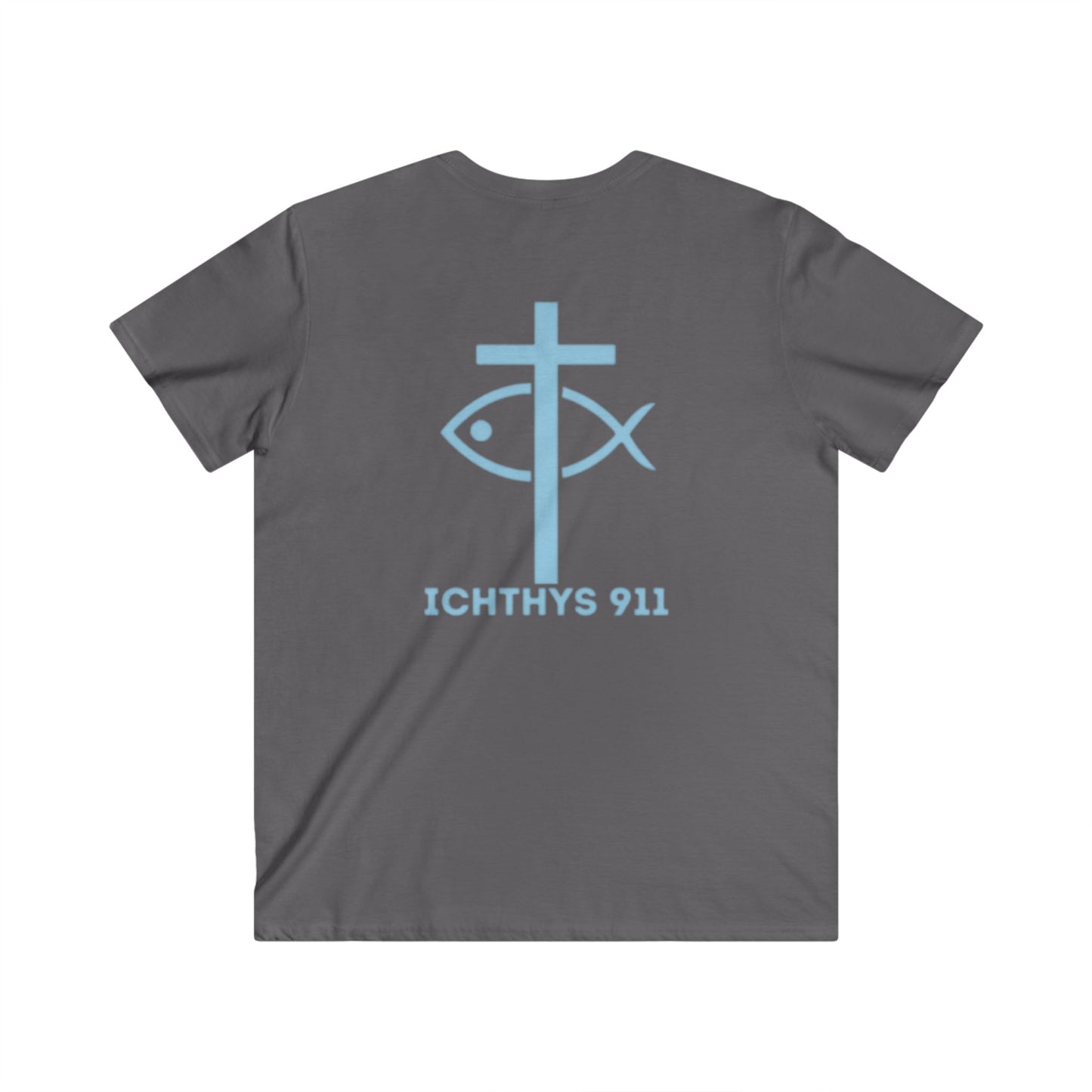 ICHTHYS 911 - Jesus Christ - Son of God - Reverse - Savior Collection - Men's Fitted V-Neck Short Sleeve T - Shirt - Faith-Inspired - Christian Faith - Blue Font