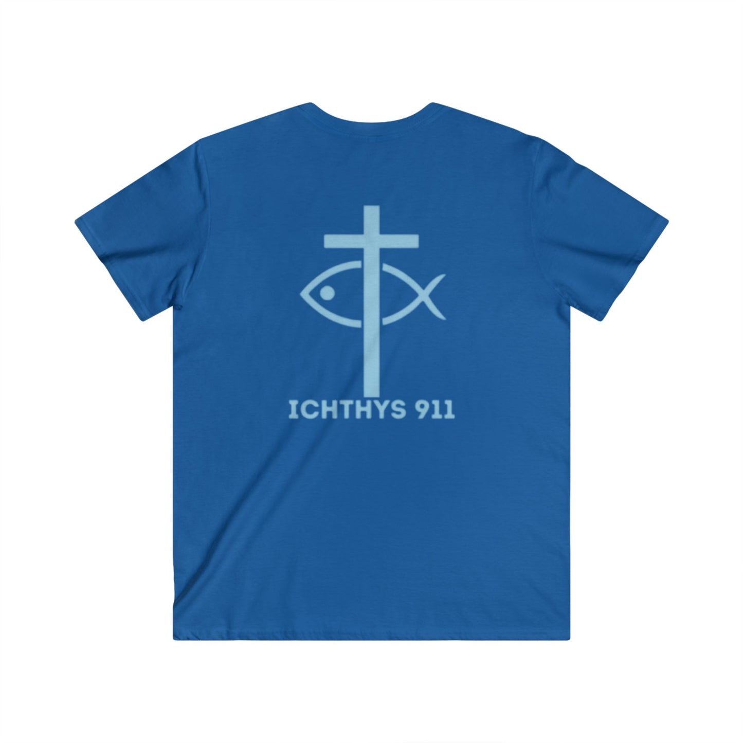 ICHTHYS 911 - Jesus Christ - Son of God - Reverse - Savior Collection - Men's Fitted V-Neck Short Sleeve T - Shirt - Faith-Inspired - Christian Faith - Blue Font