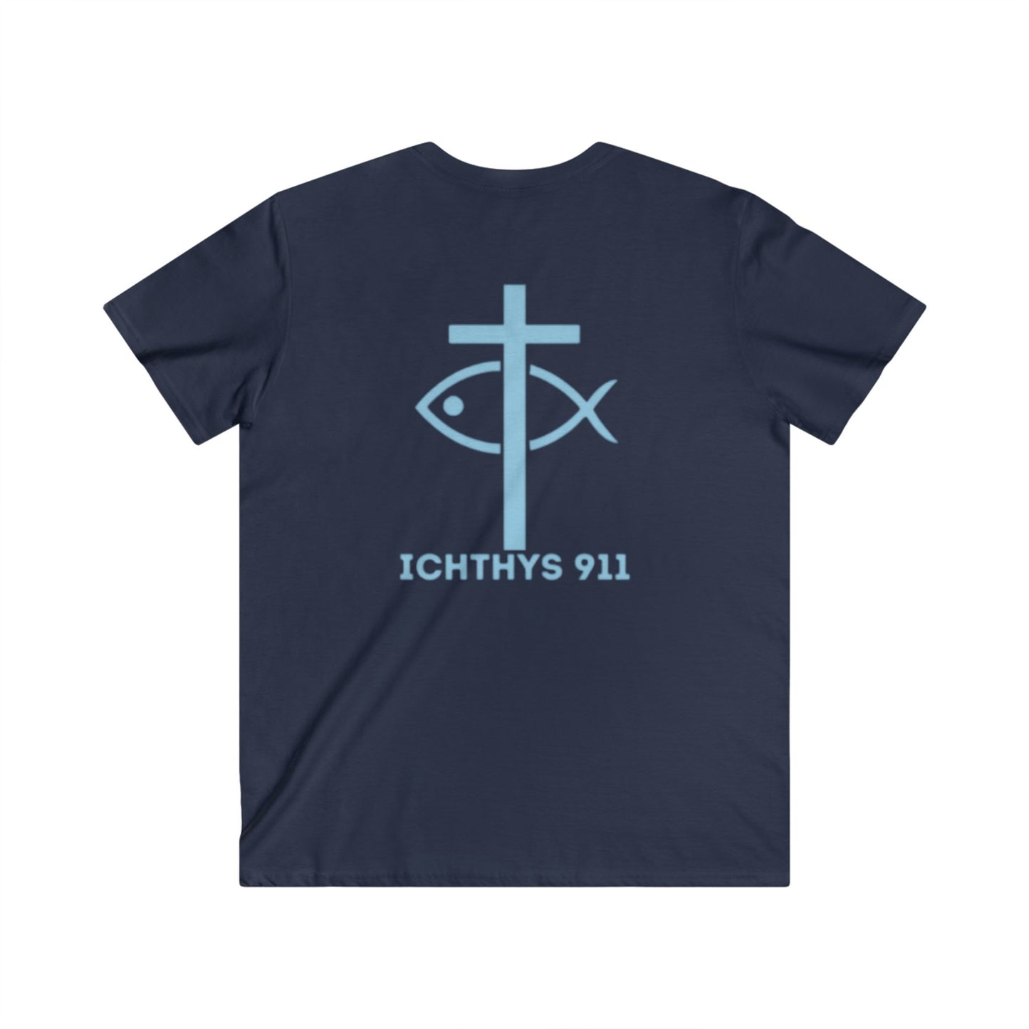 ICHTHYS 911 - Jesus Christ - Son of God - Reverse - Savior Collection - Men's Fitted V-Neck Short Sleeve T - Shirt - Faith-Inspired - Christian Faith - Blue Font