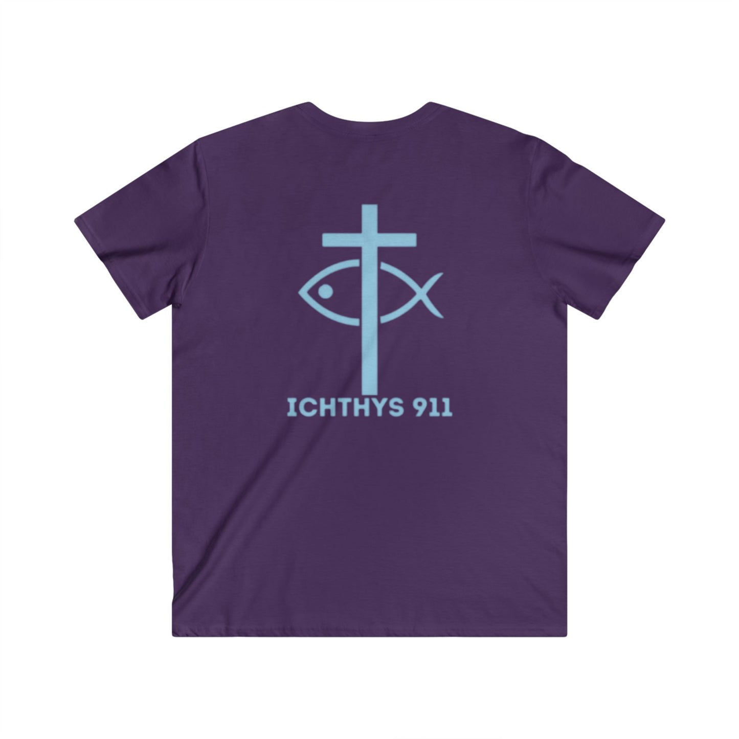 ICHTHYS 911 - Jesus Christ - Son of God - Reverse - Savior Collection - Men's Fitted V-Neck Short Sleeve T - Shirt - Faith-Inspired - Christian Faith - Blue Font