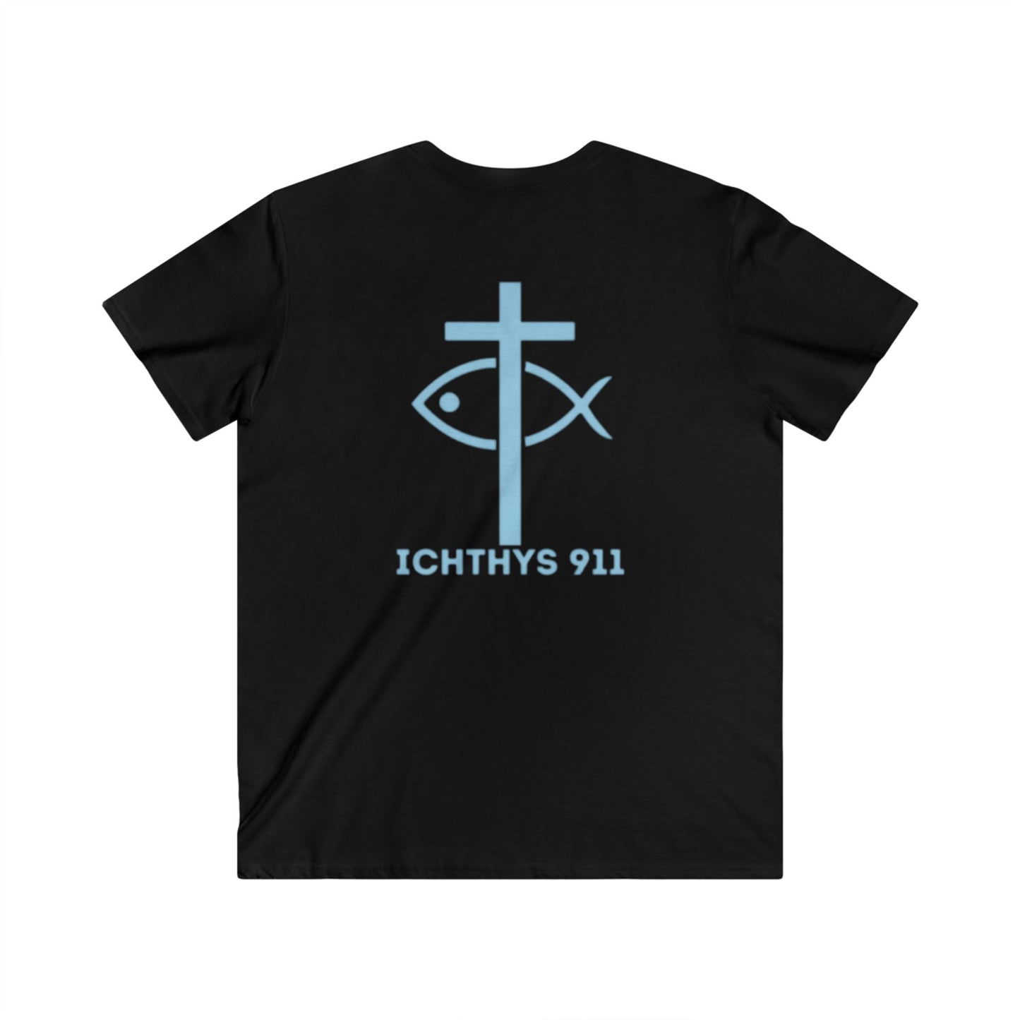ICHTHYS 911 - Jesus Christ - Son of God - Reverse - Savior Collection - Men's Fitted V-Neck Short Sleeve T - Shirt - Faith-Inspired - Christian Faith - Blue Font