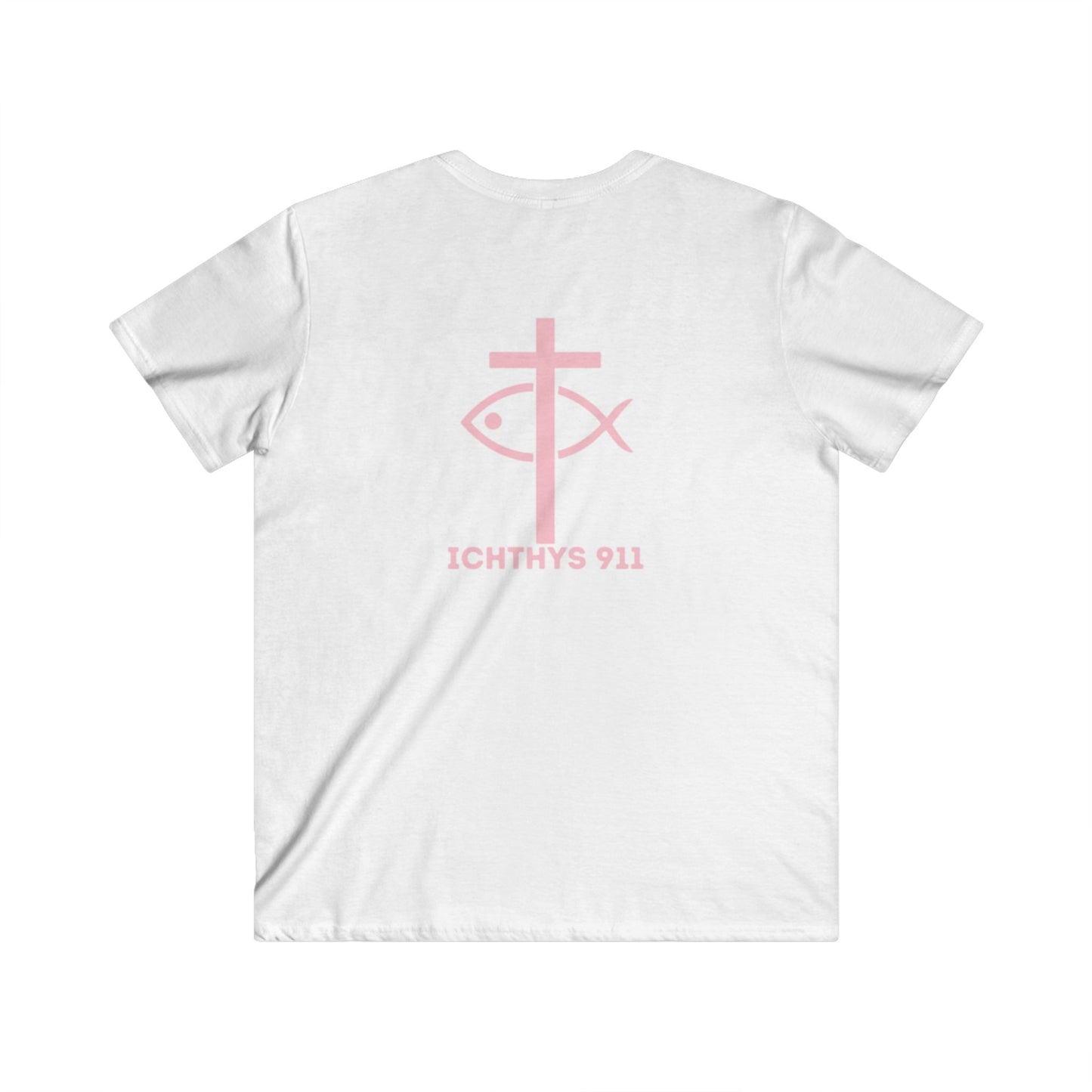 Authentic Round Collection - Reverse - Men's Fitted V-Neck Short Sleeve T - Shirt - Faith-Inspired - Christian Faith - Pink Font - ICHTHYS 911