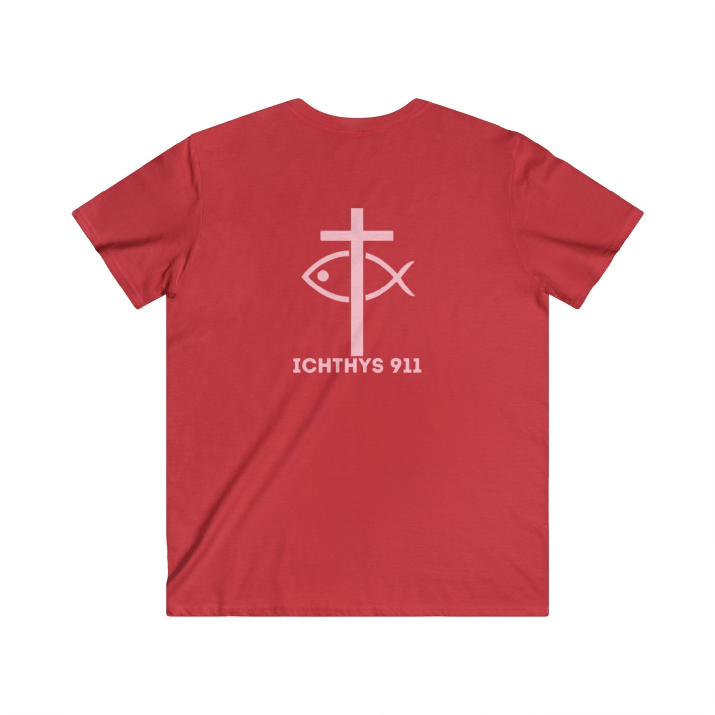 Authentic Round Collection - Reverse - Men's Fitted V-Neck Short Sleeve T - Shirt - Faith-Inspired - Christian Faith - Pink Font - ICHTHYS 911