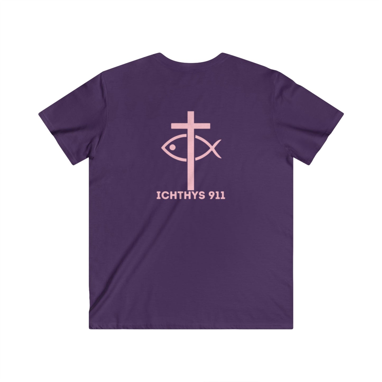 Authentic Round Collection - Reverse - Men's Fitted V-Neck Short Sleeve T - Shirt - Faith-Inspired - Christian Faith - Pink Font - ICHTHYS 911
