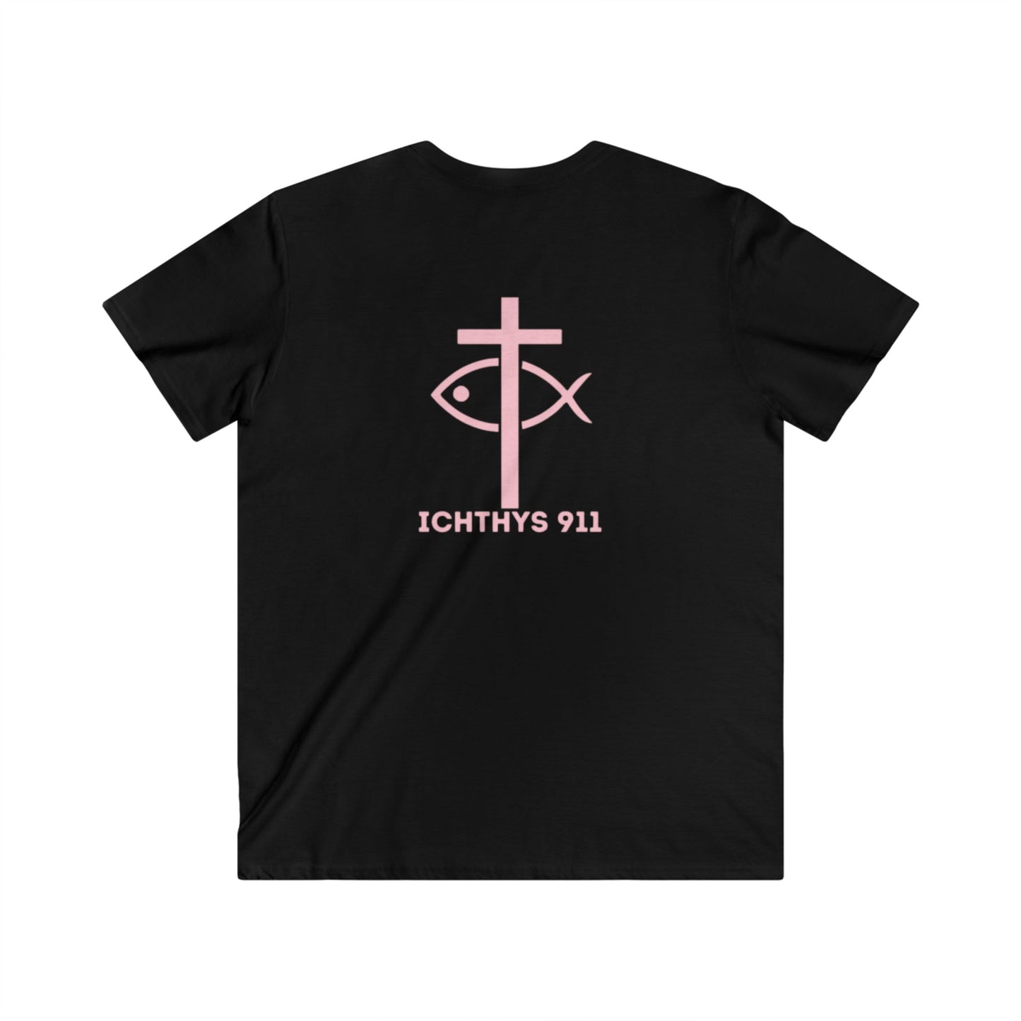 Authentic Round Collection - Reverse - Men's Fitted V-Neck Short Sleeve T - Shirt - Faith-Inspired - Christian Faith - Pink Font - ICHTHYS 911