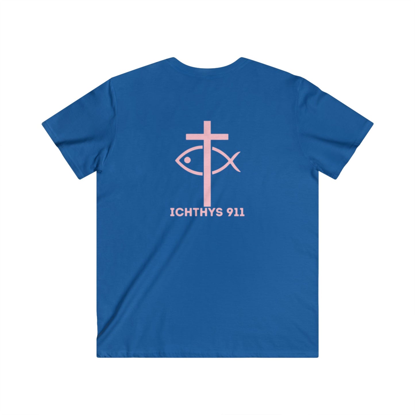 Authentic Round Collection - Reverse - Men's Fitted V-Neck Short Sleeve T - Shirt - Faith-Inspired - Christian Faith - Pink Font - ICHTHYS 911