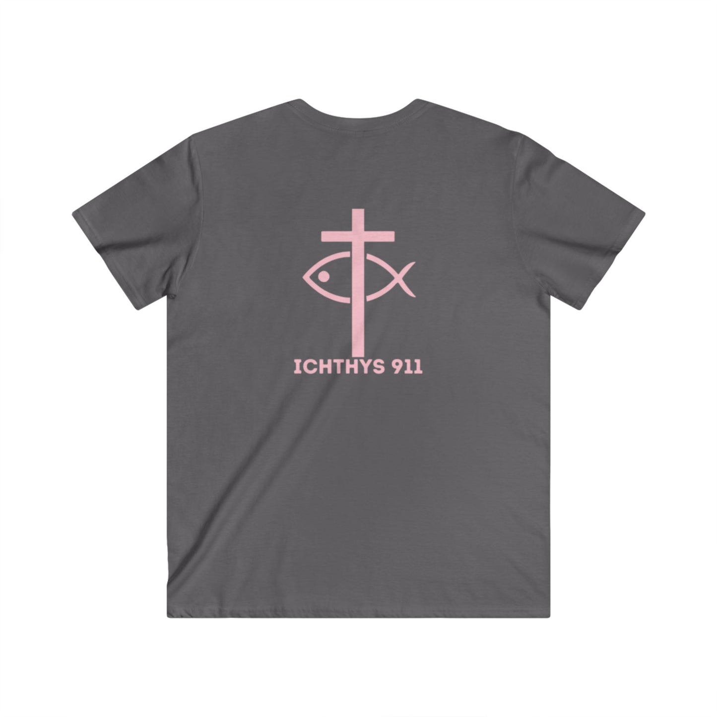 Authentic Round Collection - Reverse - Men's Fitted V-Neck Short Sleeve T - Shirt - Faith-Inspired - Christian Faith - Pink Font - ICHTHYS 911
