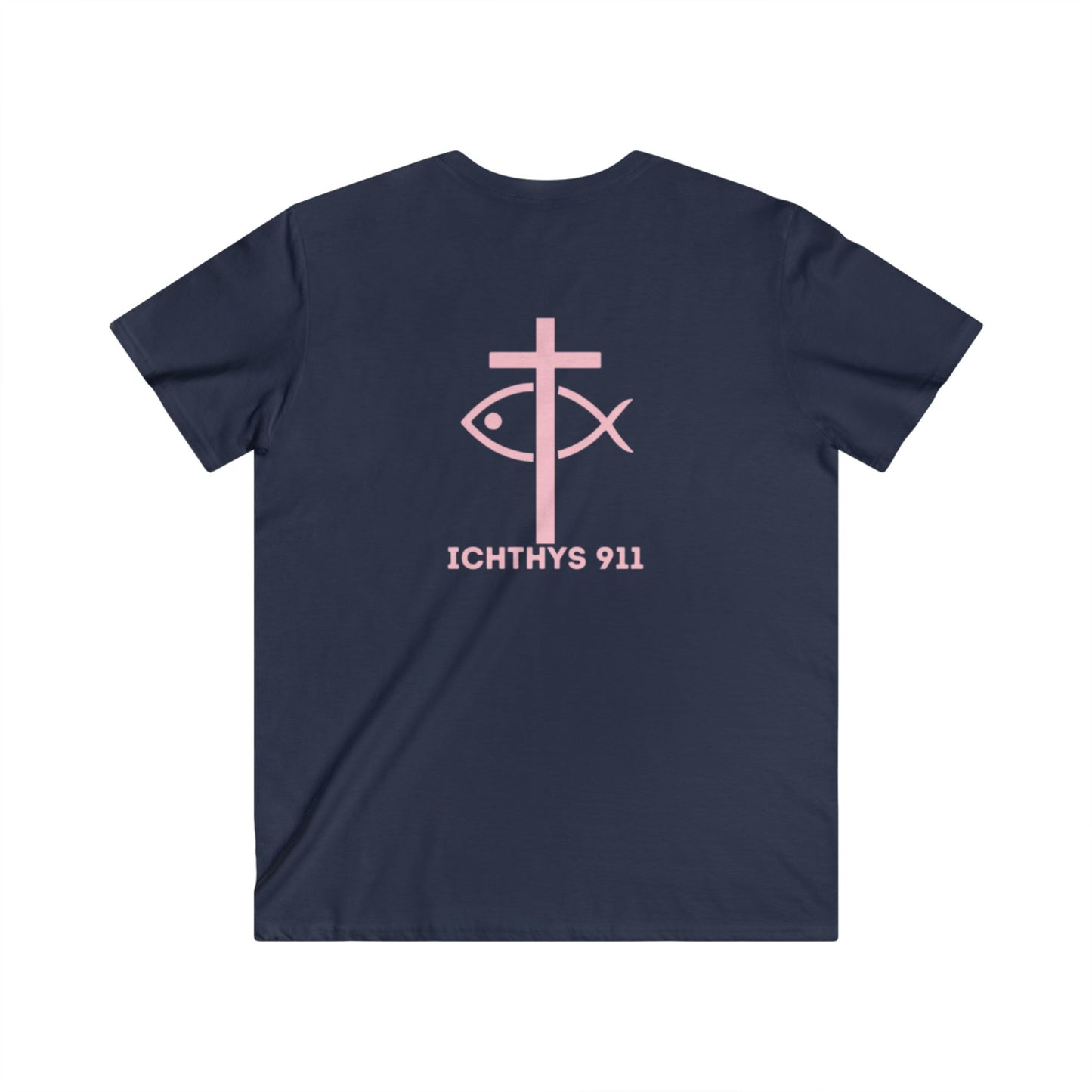 Authentic Round Collection - Reverse - Men's Fitted V-Neck Short Sleeve T - Shirt - Faith-Inspired - Christian Faith - Pink Font - ICHTHYS 911