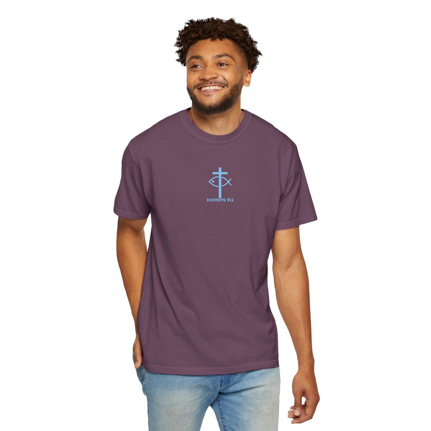 ICHTHYS 911 - Blue Font - Vendor - "Iēsous Christos, Theou Yios, Sōtēr" - Garment-Dyed Unisex T-Shirt - Men T-Shirt - Women T-Shirt - Christian Symbol - Greek - Faith Inspired -Christian Streetwear – Jesus Gym & Faith Fashion, Unisex Garment
