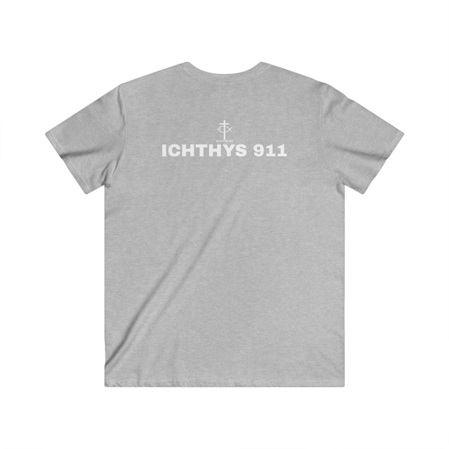 ICHTHYS 911 - White Font "Authentic Collection" - Men's Fitted V-Neck Short Sleeve T - Shirt - Faith-Inspired - Christian Faith - Faith Fashion - Christian T-Shirt