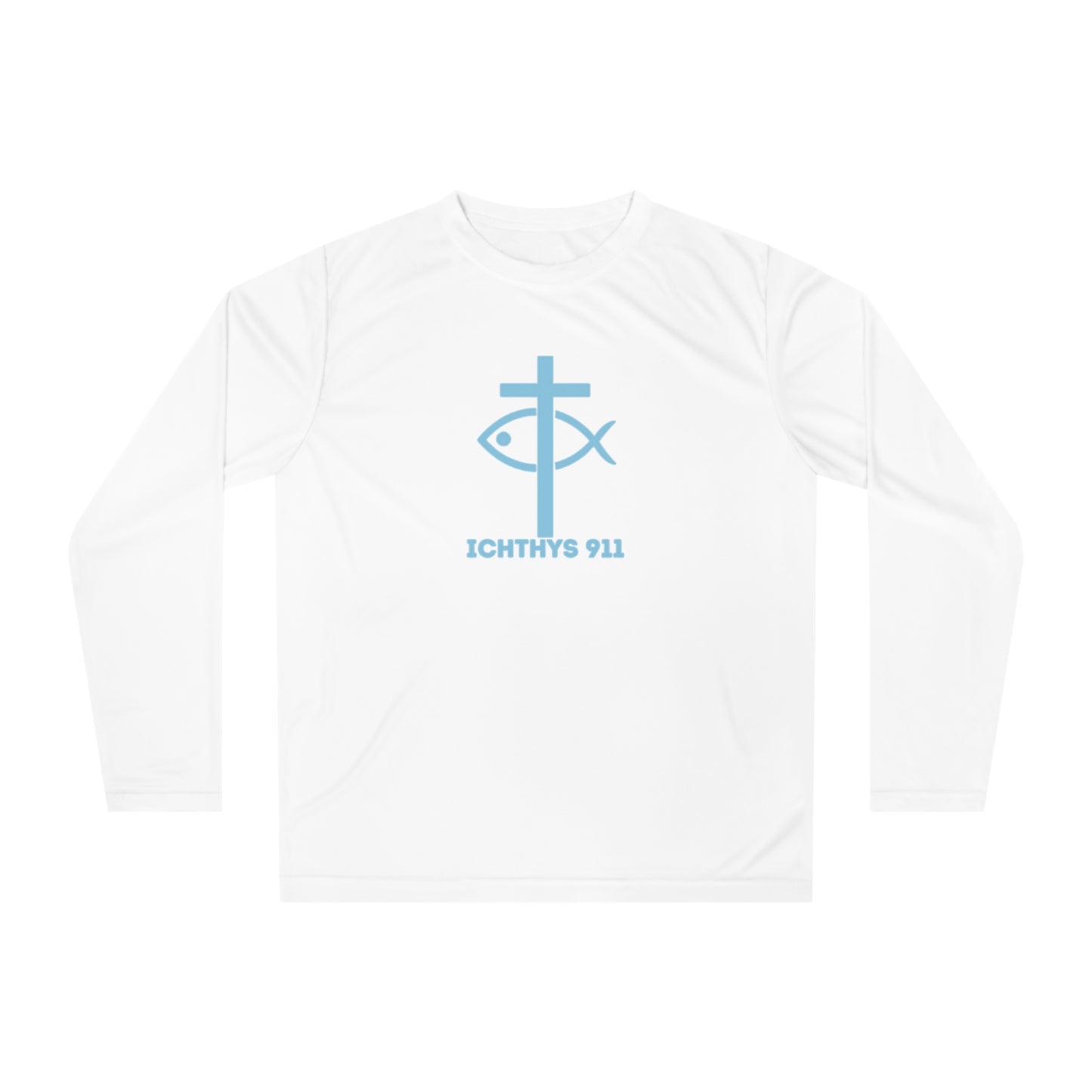 ICHTHYS 911 - Blue Font "Run with Endurance Hebrew 12:1" Reverse Unisex Performance Long Sleeve Shirt - ICHTHYS 911 Christian Activewear