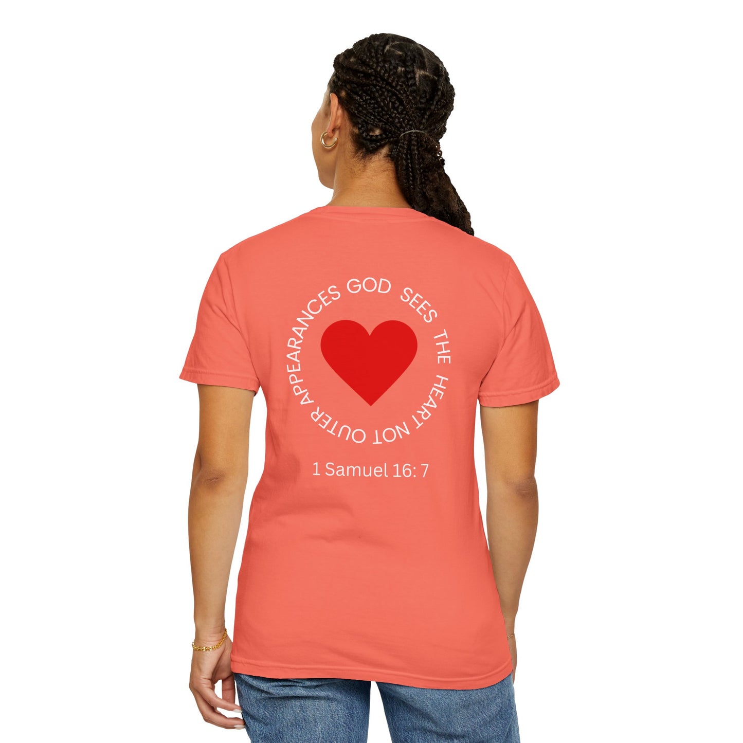ICHTHYS 911 -  "God Sees the Heart" - White Font - Unisex Garment - Dyed T-Shirt - Inspirational Graphic T-Shirt for Everyday Motivation - 100% US cotton