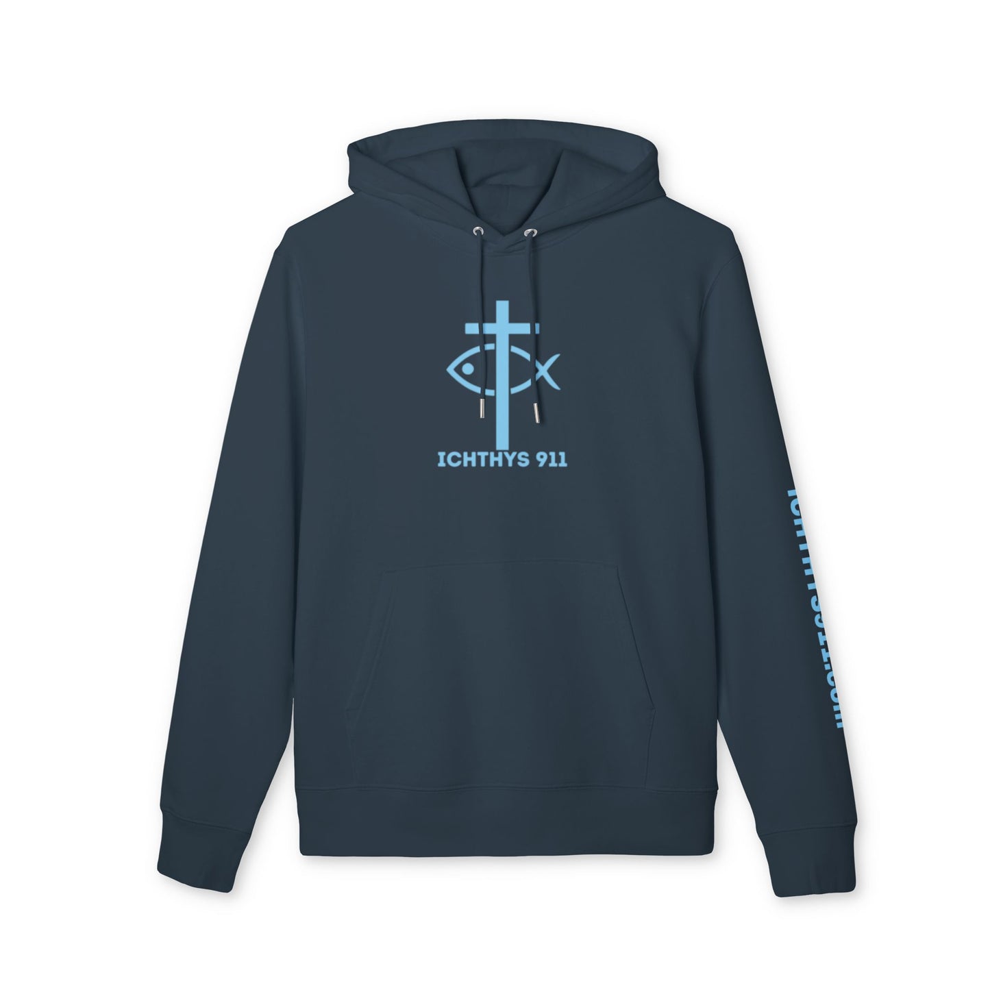 Iēsous Christos, Theou Yios, Sōtēr = Jesus Christ, Son of God, Savior - Unisex - Blue Font - Sweatshirt - ICHTHYS 911 - Hoodie -100% Organic- Heavy