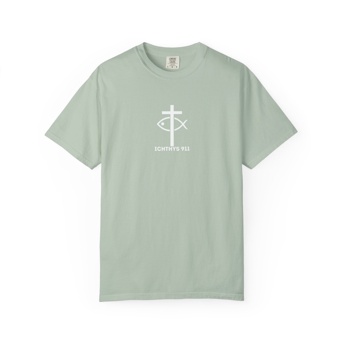 ICHTHYS 911 - White Font "Faith, Hope, & Love" - Garment Dyed - 100% US Cotton - Unisex T-Shirt - Men T-Shirt - Christian Women Tee - Faith-Inspired Shirt - Christian Fashion - Wear Your Faith - Additional Colors