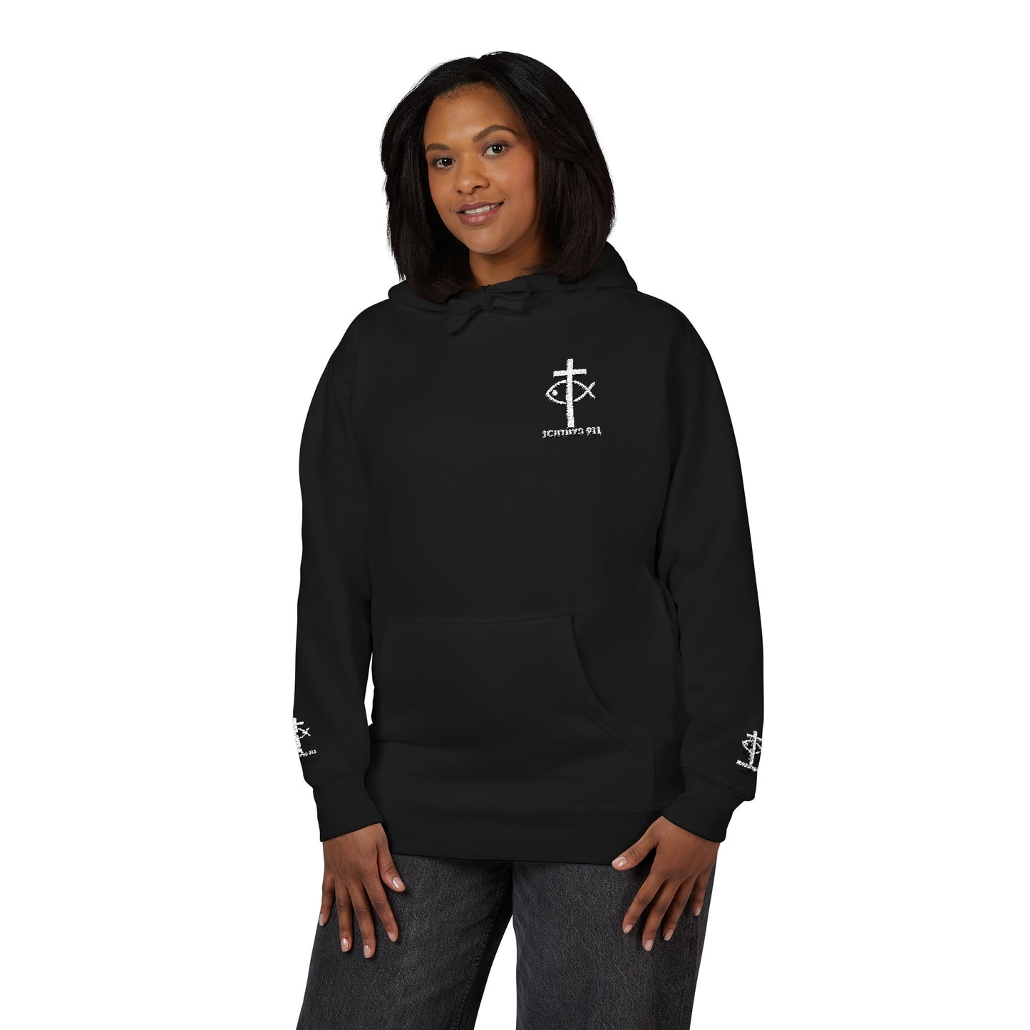 ICHTHYS 911 Embroidery Hoodie Pullover - Unsex - Elevated Embroider Gift for Her or Him - Christian Wear