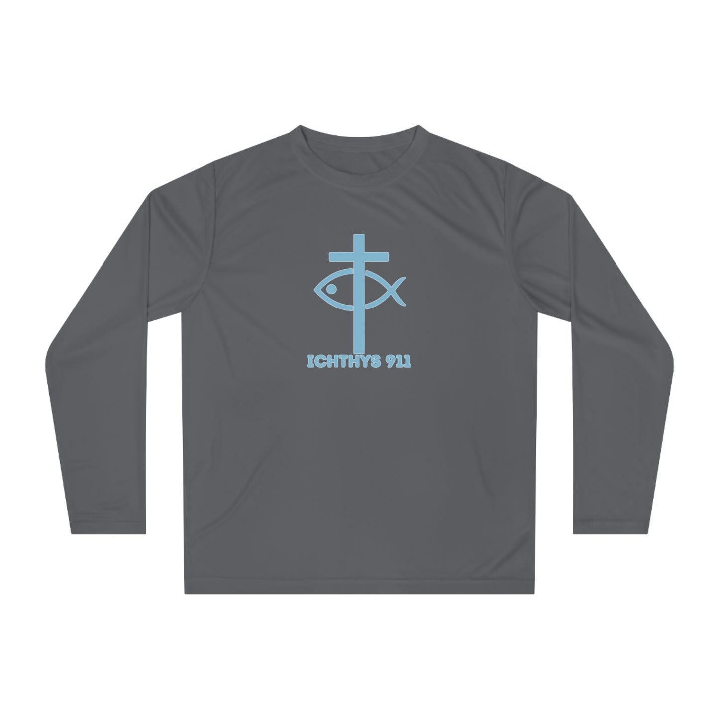 ICHTHYS 911 - Blue Font "Run with Endurance Hebrew 12:1" Reverse Unisex Performance Long Sleeve Shirt - ICHTHYS 911 Christian Activewear