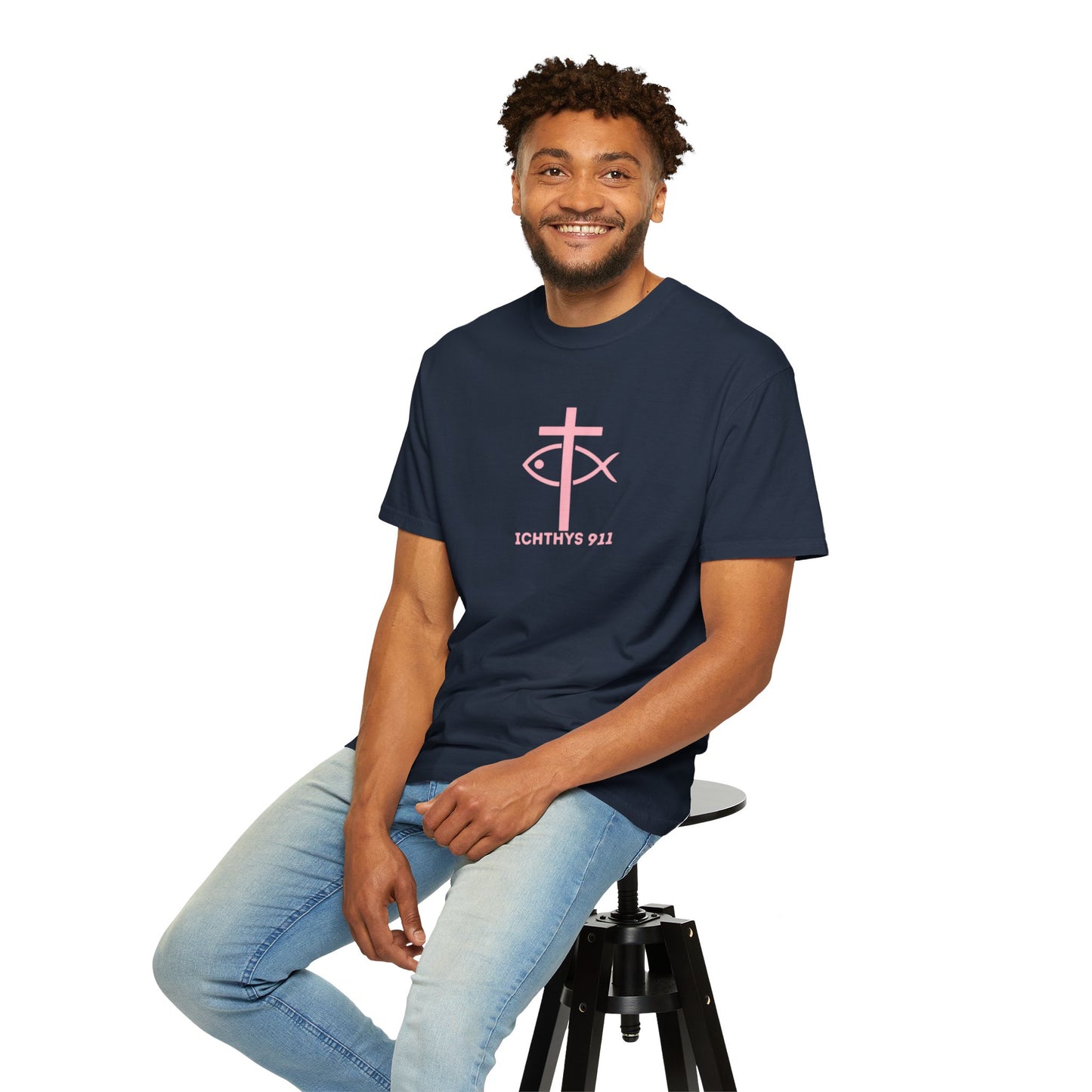 ICHTHYS 911 - Authentic - Christian Streetwear T-Shirt / Sweatshirt – Jesus Gym & Faith Fashion, Unisex Garment-Dyed T-Shirt Soft Pink Font