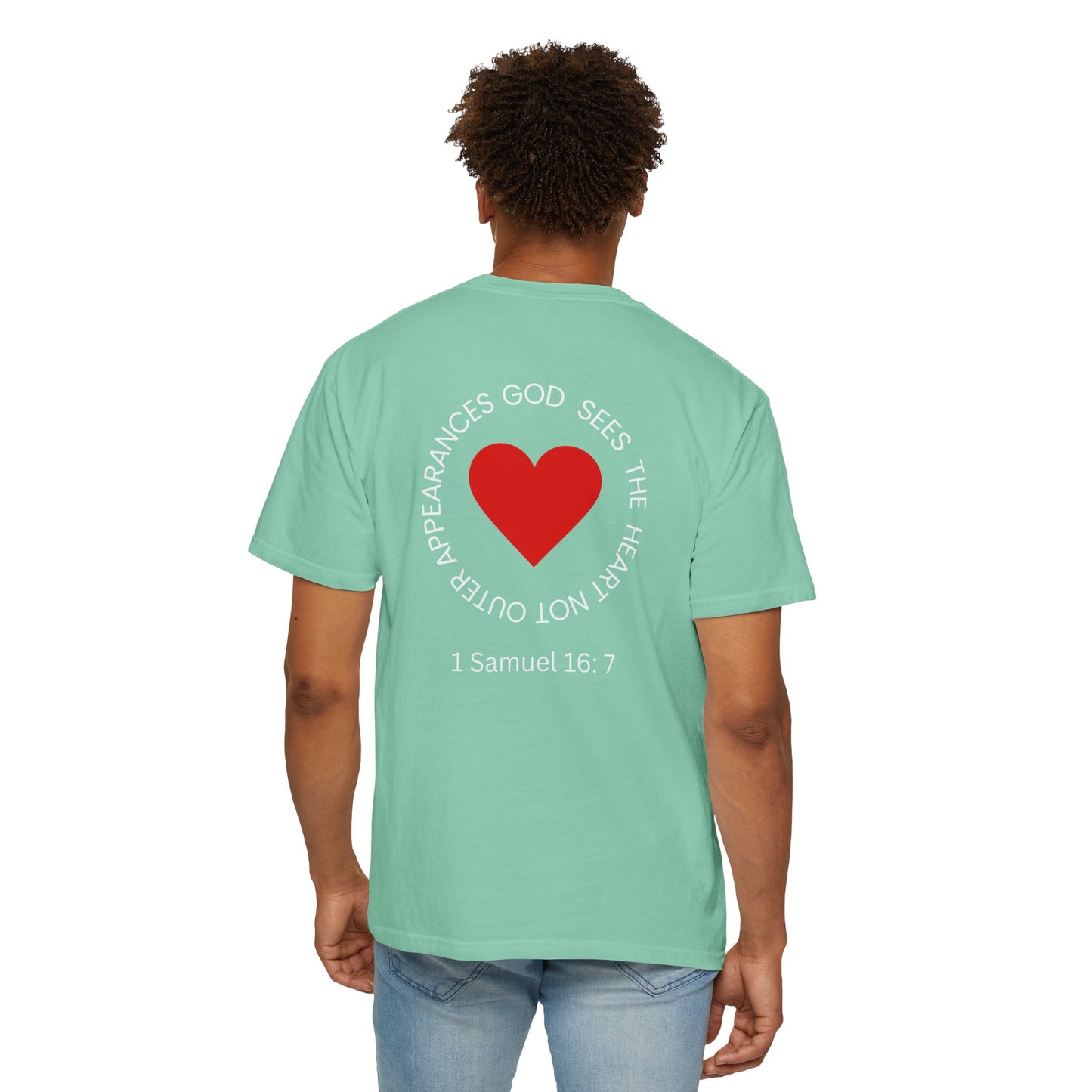 ICHTHYS 911 -  "God Sees the Heart" - White Font - Unisex Garment - Dyed T-Shirt - Inspirational Graphic T-Shirt for Everyday Motivation - 100% US cotton