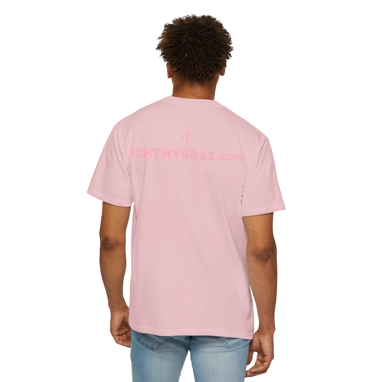 ICHTHYS 911 - Authentic - Christian Streetwear T-Shirt – Jesus Gym & Faith Fashion, Unisex Garment-Dyed T-Shirt Soft Pink Font
