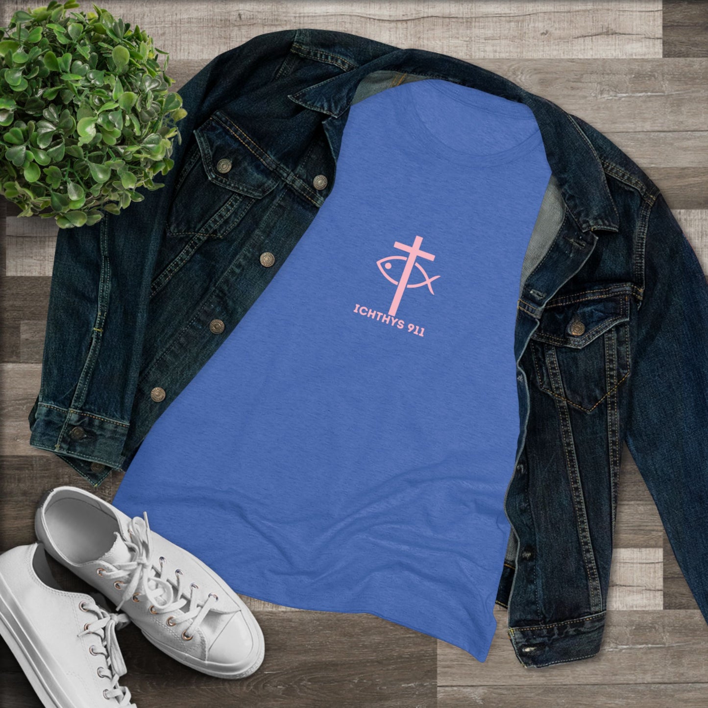 ICHTHYS 911 "IC Round Collection" Pink Font - Inspirational Women's Triblend Tee - Women T-Shirt - 50% polyester, 25% cotton, 25% ryaon