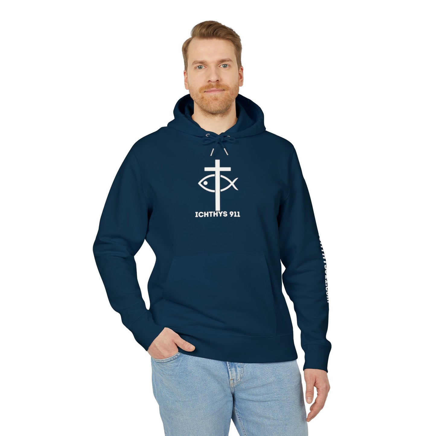 ICHTHYS 911 Hoodie – Unisex Pullover -White Font - Black Font on White - Heavy Fabric - ICHTHYS 911 Logo on Front & Back - 100% Organic