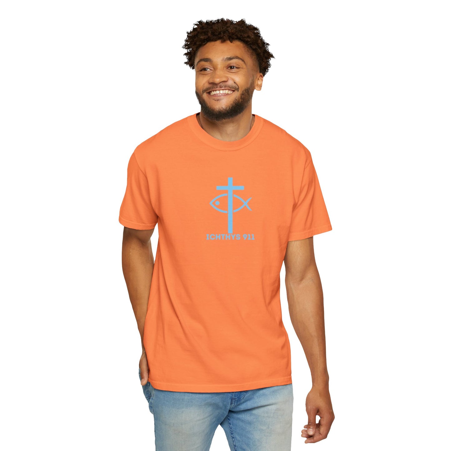 ICHTHYS 911 - Blue Font "Iēsous Christos, Theou Yios, Sōtēr" - Garment-Dyed - 100% US Cotton - Unisex T-Shirt - Men T-Shirt - Women T-Shirt - Christian Symbol - Greek - Faith Inspired -Christian Streetwear – Jesus Gym & Faith Fashion, Unisex Garment