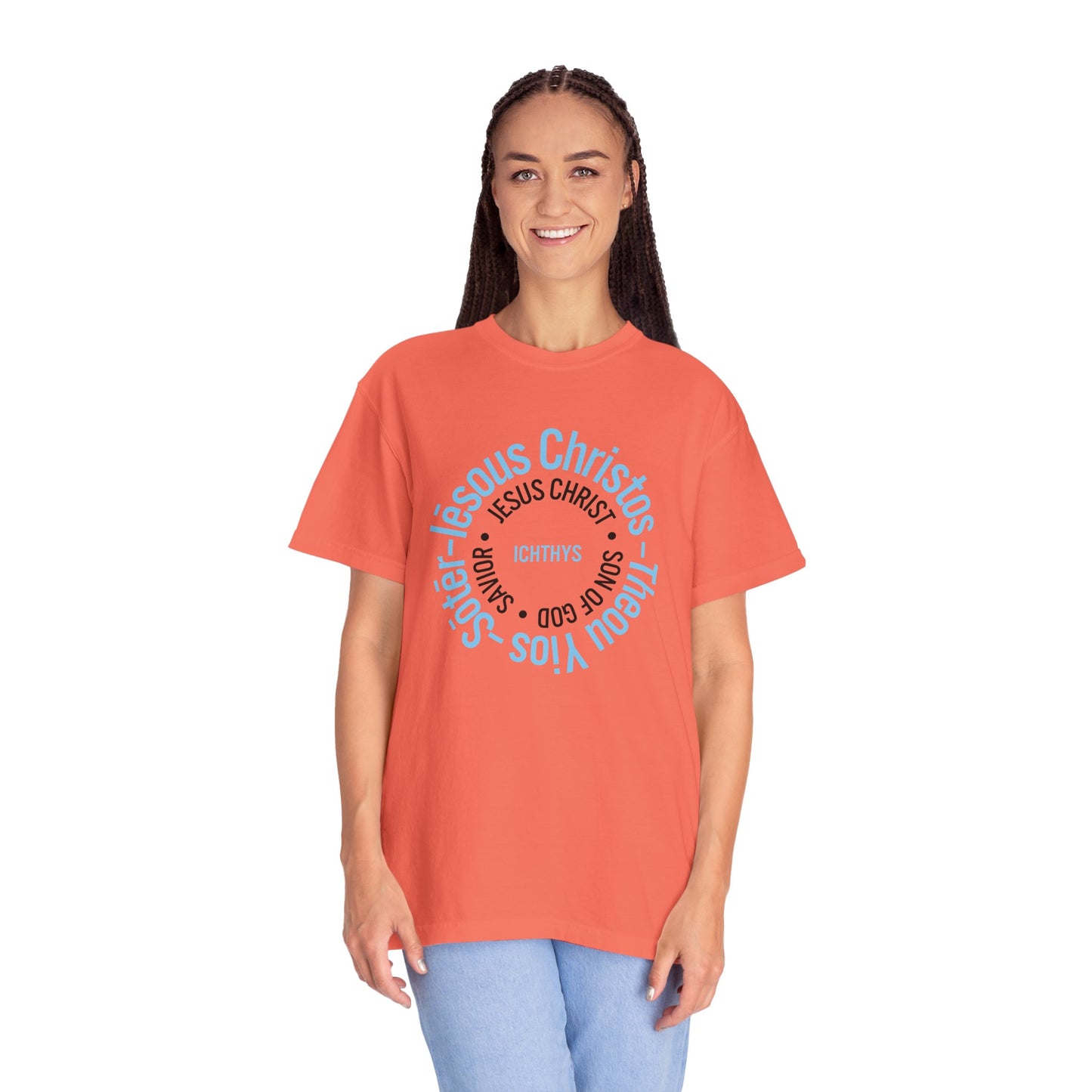 ICHTHYS 911 Blue & Black Font "Iēsous Christos, Theou Yios, Sōtēr" - Collection - Reverse Design - Unisex Garment Dyed - 100% US Cotton - Christian Graphic Tee - Gym - T - Christian Faith - Jesus Wear - Women T-Shirt - Men T-Shirt