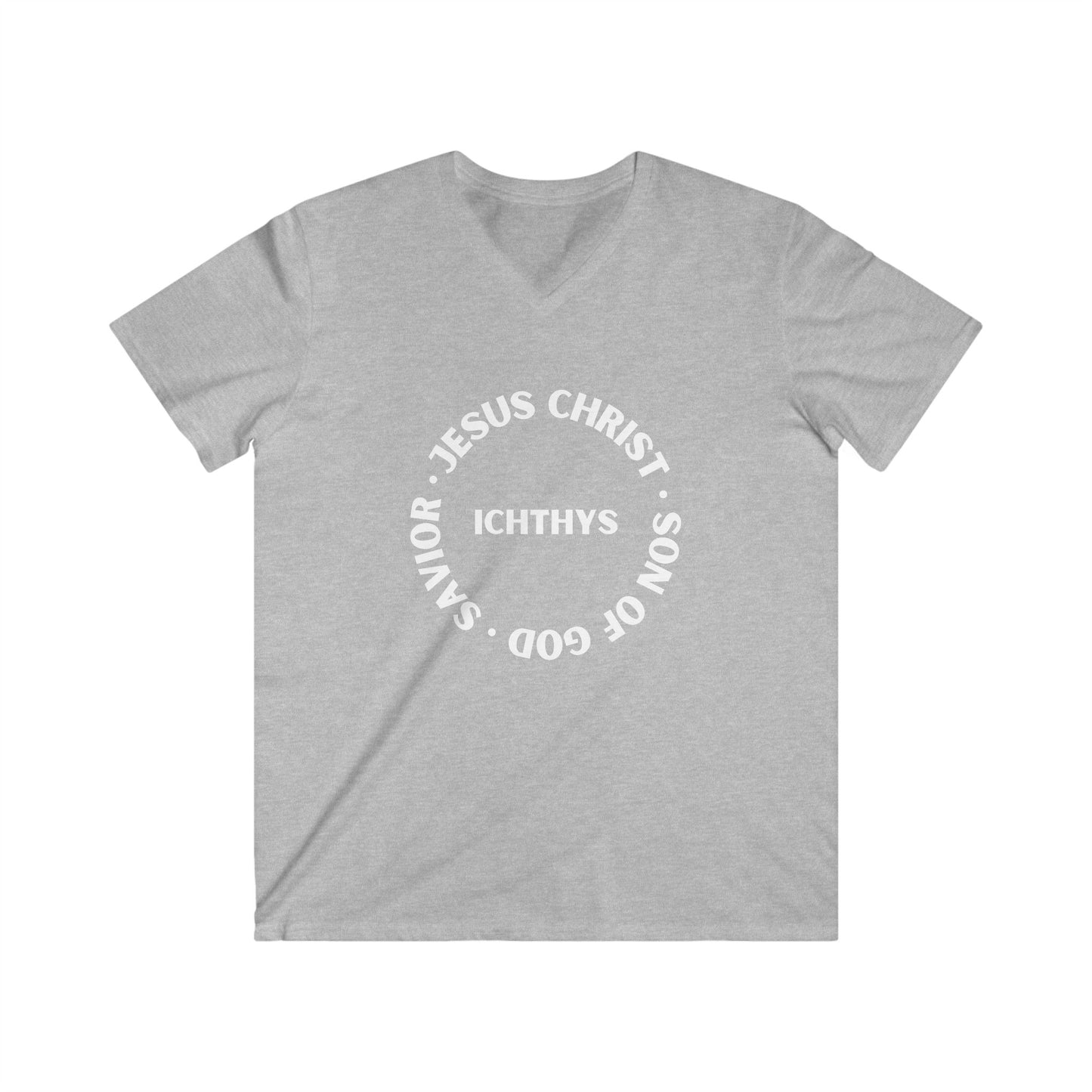 ICHTHYS 911 - Jesus Christ - Son of God - Savior Collection - Men's Fitted V-Neck Short Sleeve T - Shirt - Faith-Inspired - Christian Faith - White Font