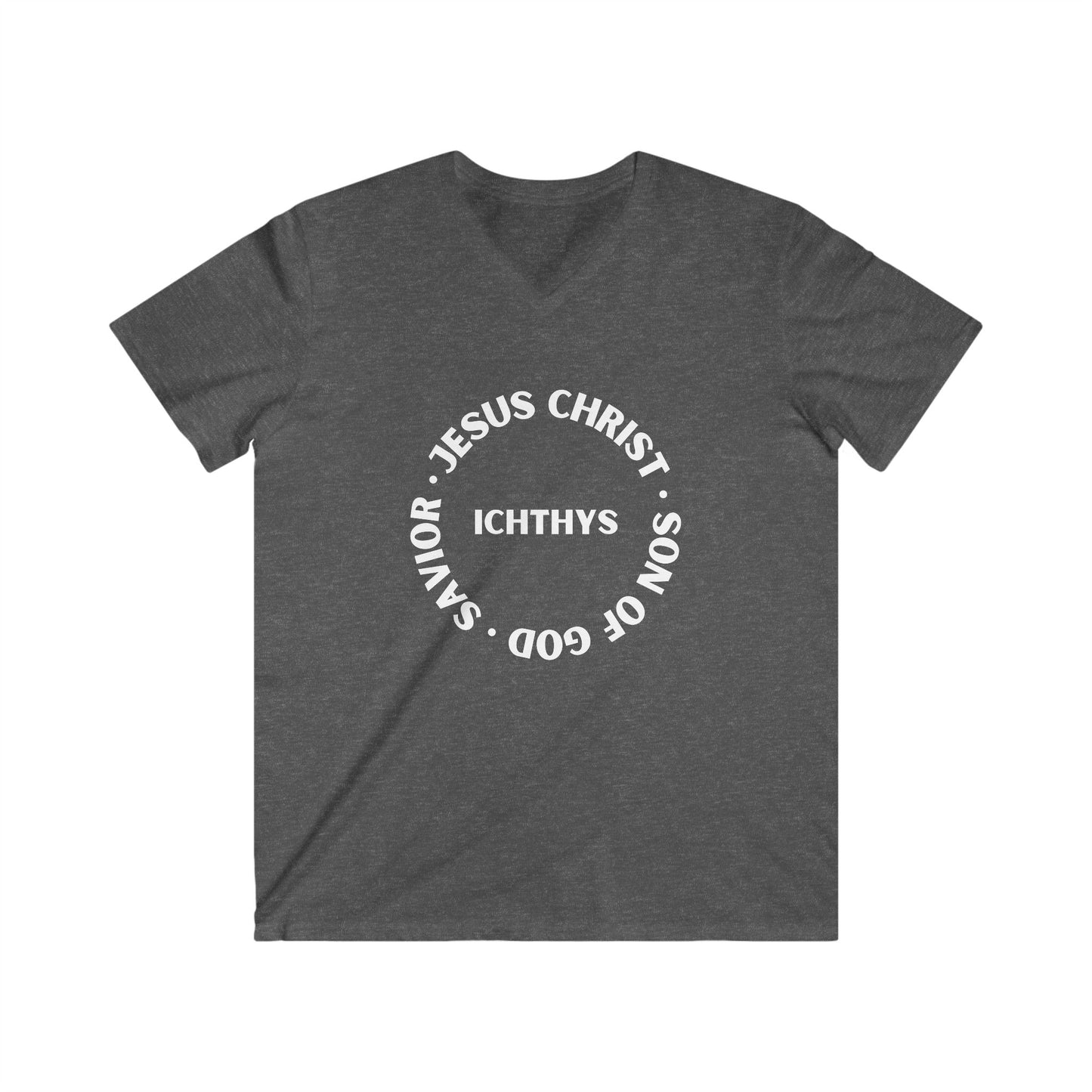 ICHTHYS 911 - Jesus Christ - Son of God - Savior Collection - Men's Fitted V-Neck Short Sleeve T - Shirt - Faith-Inspired - Christian Faith - White Font
