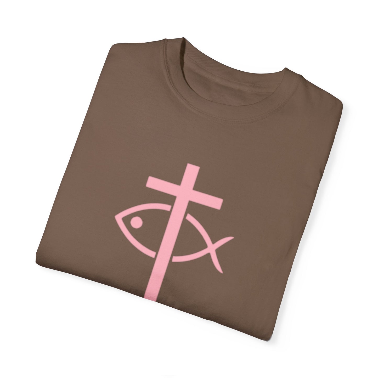 ICHTHYS 911 - Authentic - W/O IC 911 on Back -Christian Streetwear T-Shirt – Jesus Gym & Faith Fashion, Unisex Garment-Dyed T-Shirt Soft Pink Font