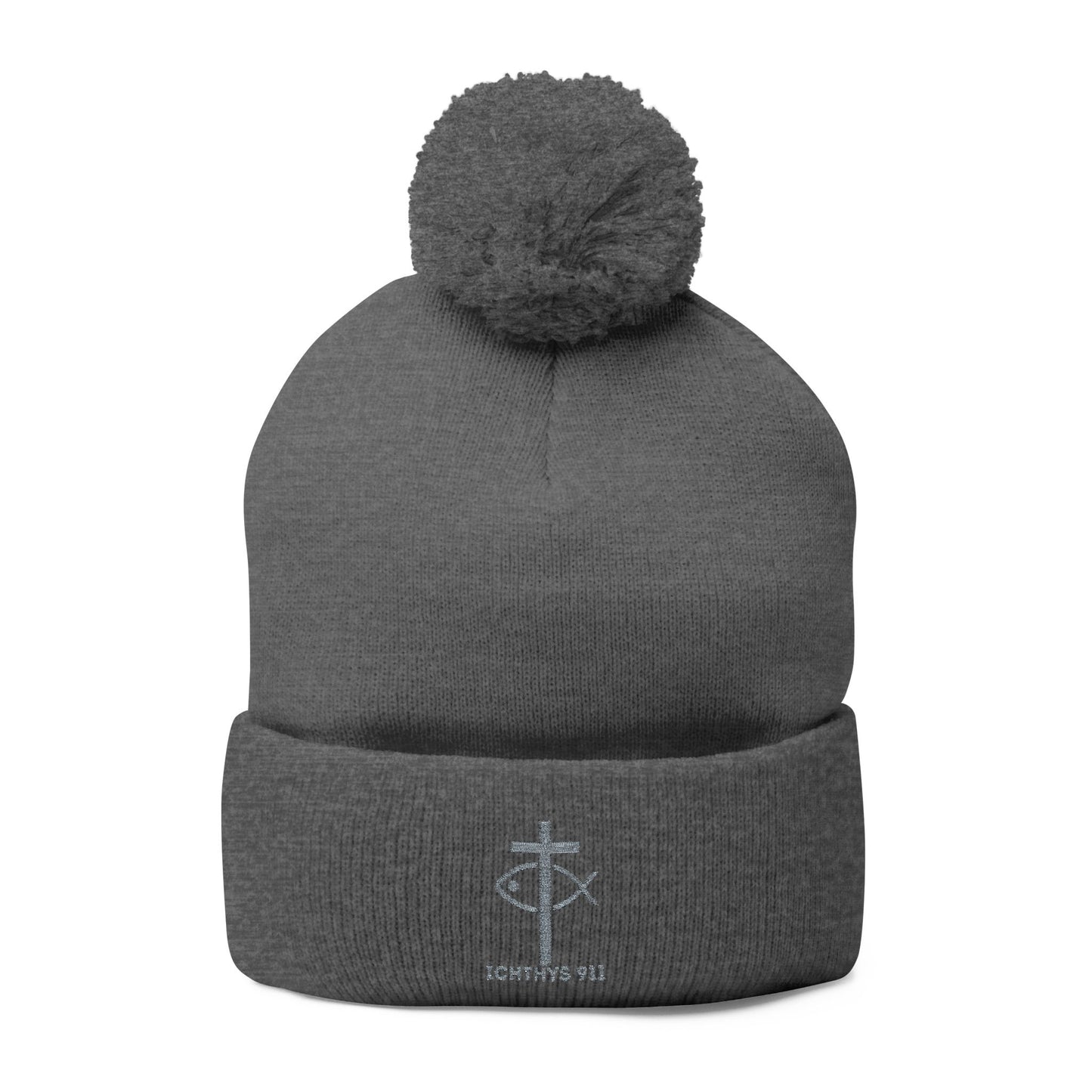 Cozy Pom-Pom Knit Cap | Winter Accessory with Embroidery - Christian Faith Wear - ICHTHYS 911 Design