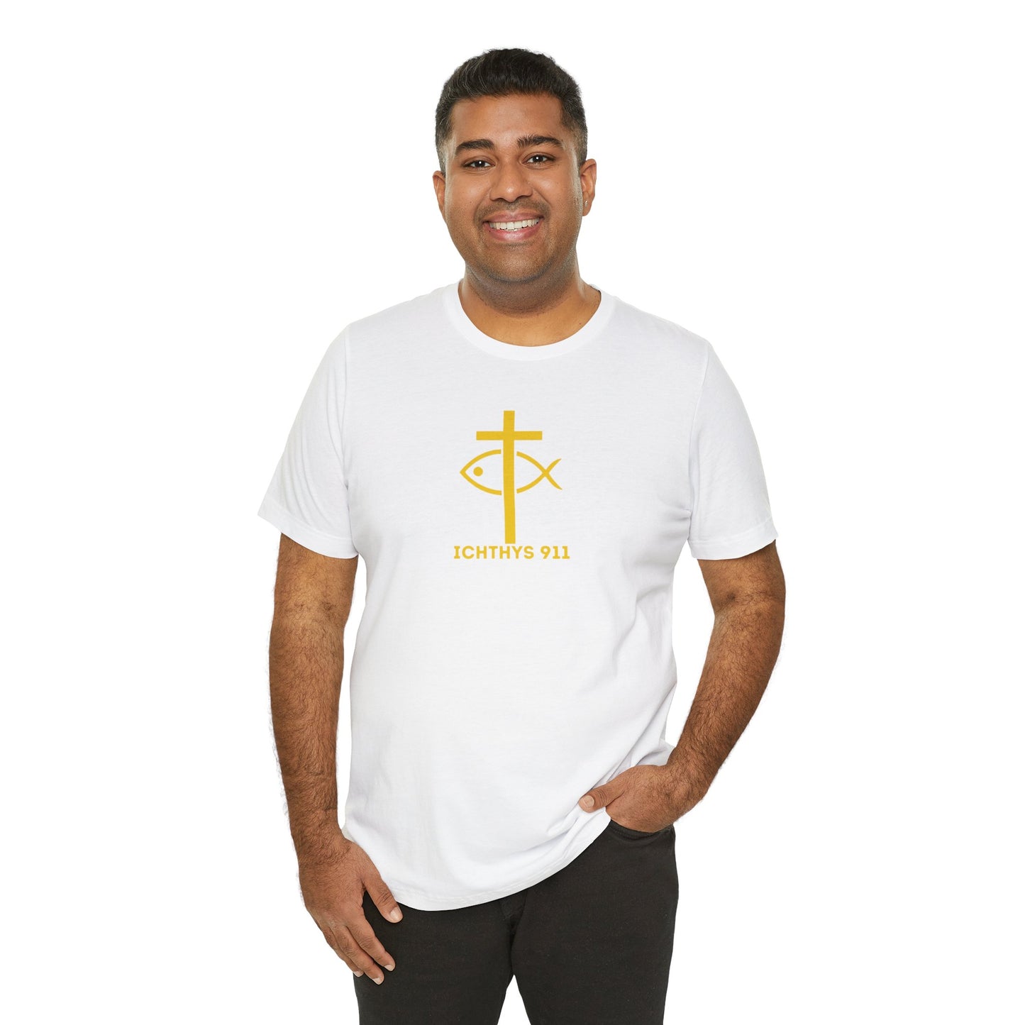 ICHTHYS 911 - "Roll With God Ride With Jesus" - Gold Font - Unisex T- Shirt - Lightweight 100% Cotton - Summer T - Arm Form Fitting - Men T- Shirt - Women T-Shirt - Christian T-Shirt