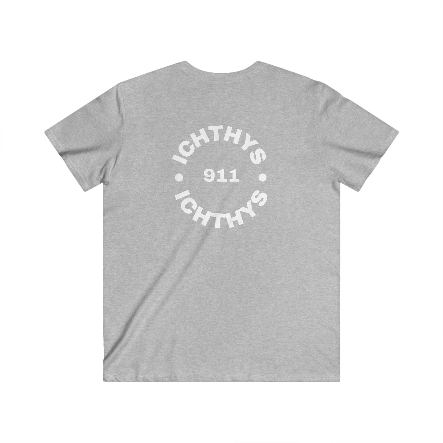 ICHTHYS 911 - White Font - "IC Round" - Men's Fitted V-Neck Tee - Casual Comfort for Everyday Wear - Casual T-Shirt - Soft Shirt - Faith Wear