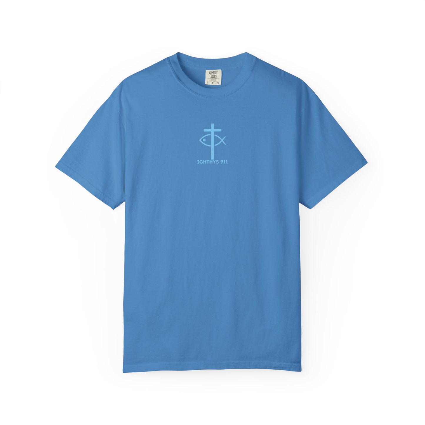 ICHTHYS 911 - Blue Font - Vendor - "Iēsous Christos, Theou Yios, Sōtēr" - Garment-Dyed Unisex T-Shirt - Men T-Shirt - Women T-Shirt - Christian Symbol - Greek - Faith Inspired -Christian Streetwear – Jesus Gym & Faith Fashion, Unisex Garment