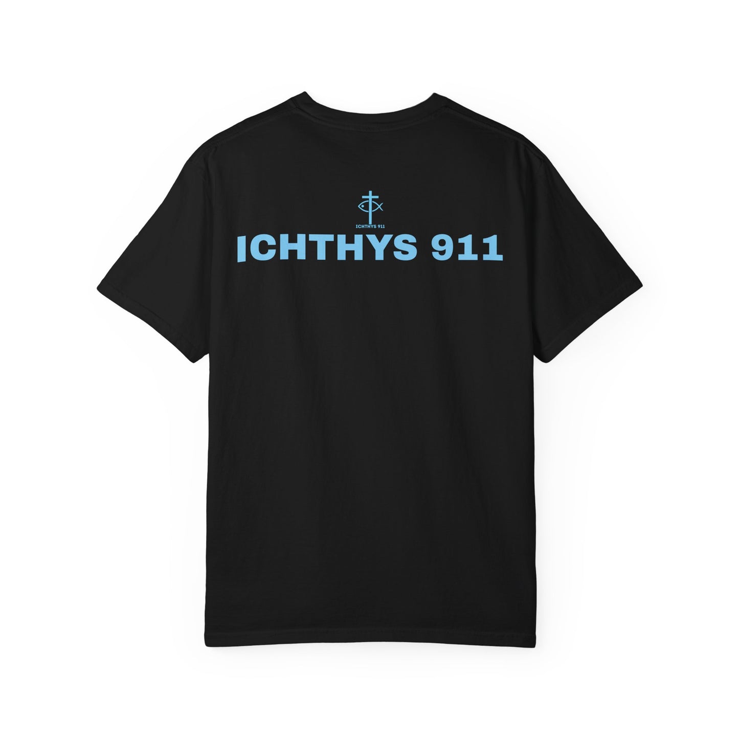 Authentic - Christian Streetwear T-Shirt – Jesus Gym & Faith Fashion, Unisex Garment-Dyed T-Shirt Blue Font - ICHTHYS 911