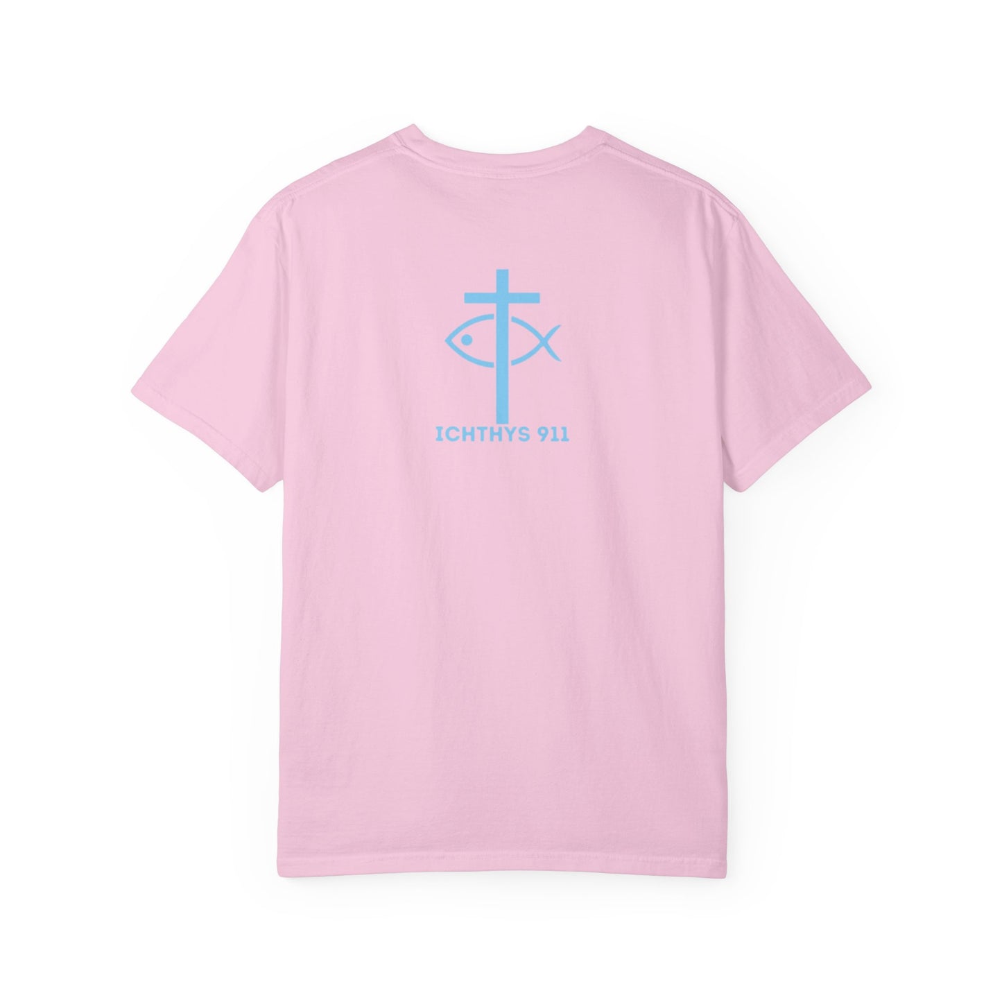 ICHTHYS 911 Blue Font "Iēsous Christos, Theou Yios, Sōtēr" - Reverse - Collection - Unisex - Christian Graphic Tee - Gym - T - Christian Faith - Jesus Wear - Women T-Shirt - Men T-Shirt