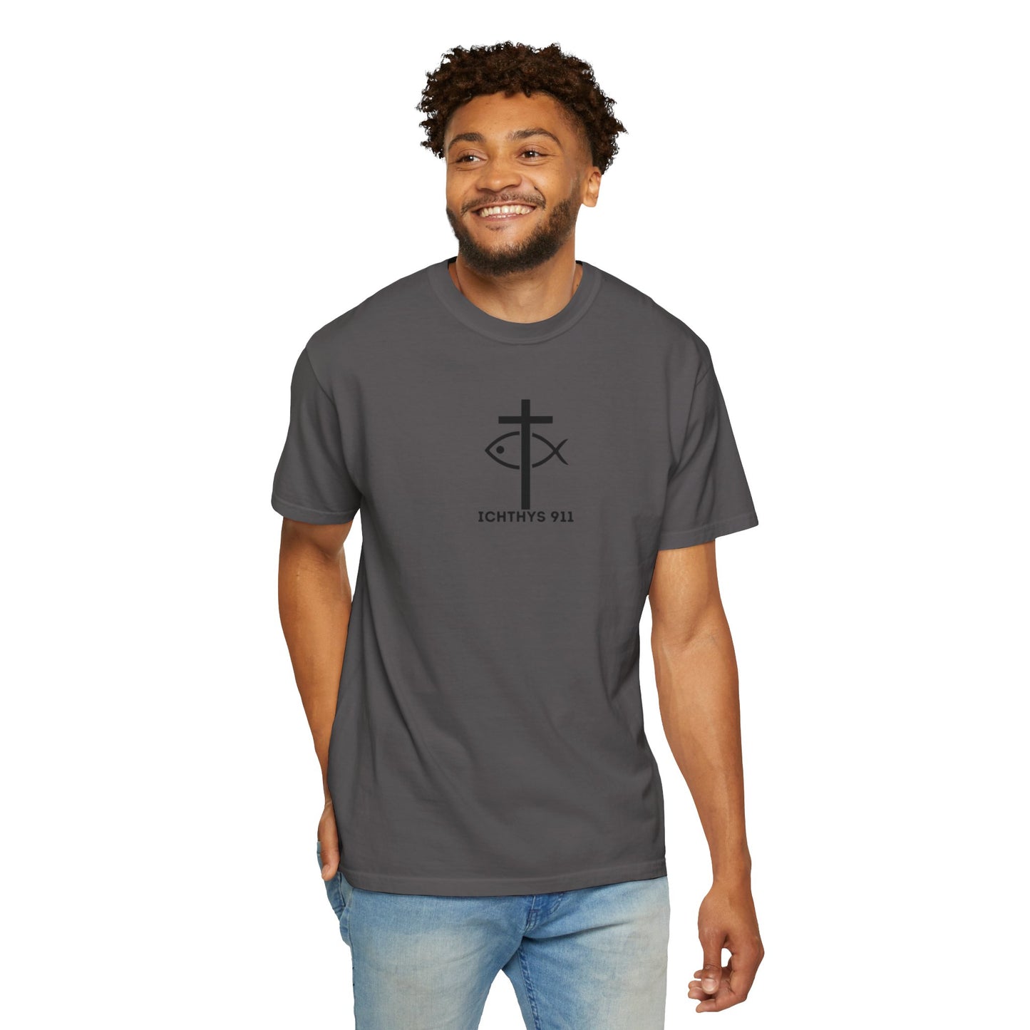 ICHTHYS 911 - Authentic - Christian Streetwear T-Shirt – Jesus Gym & Faith Fashion - Men T-Shirt - Women T-Shirt -Unisex Garment-Dyed T-Shirt Black Font