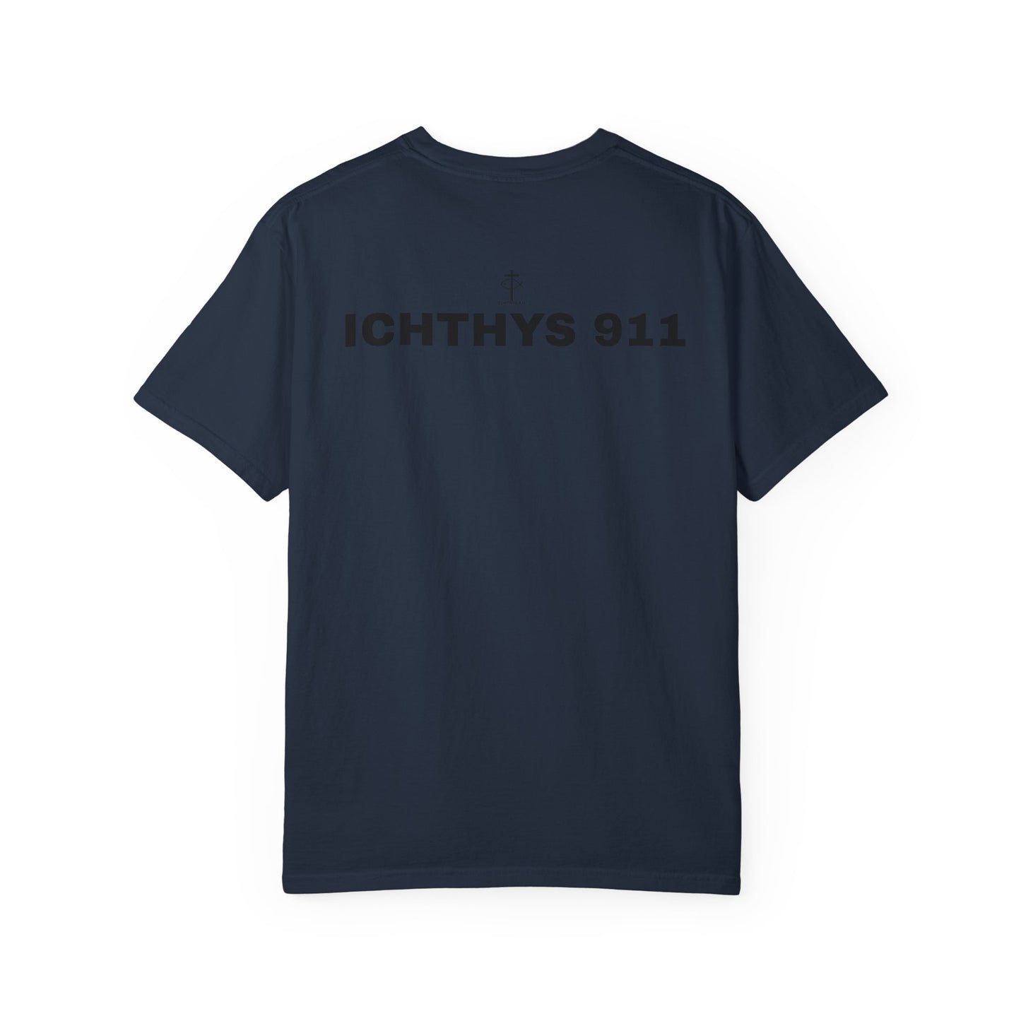 ICHTHYS 911 - Authentic - Christian Streetwear T-Shirt – Jesus Gym & Faith Fashion - Men T-Shirt - Women T-Shirt -Unisex Garment-Dyed T-Shirt Black Font