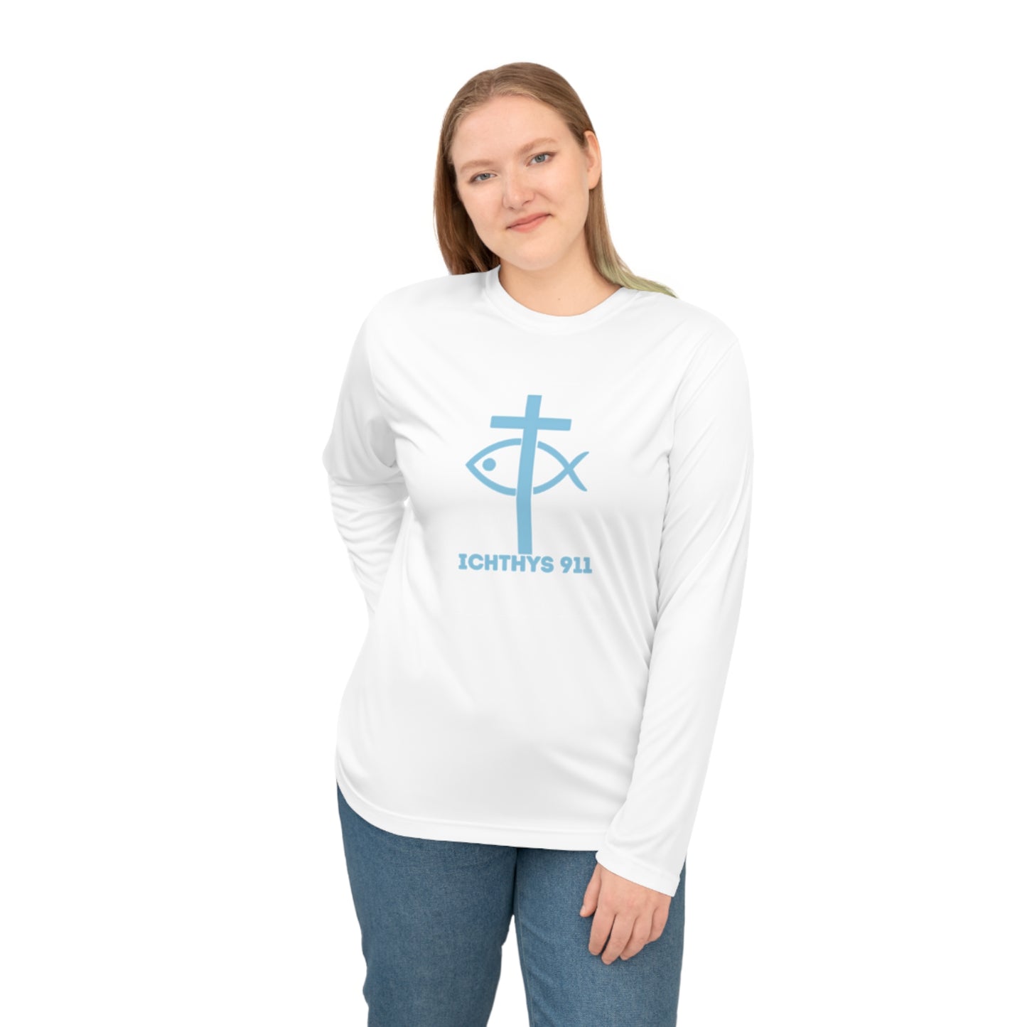 ICHTHYS 911 - Blue Font "Run with Endurance Hebrew 12:1" Reverse Unisex Performance Long Sleeve Shirt - ICHTHYS 911 Christian Activewear