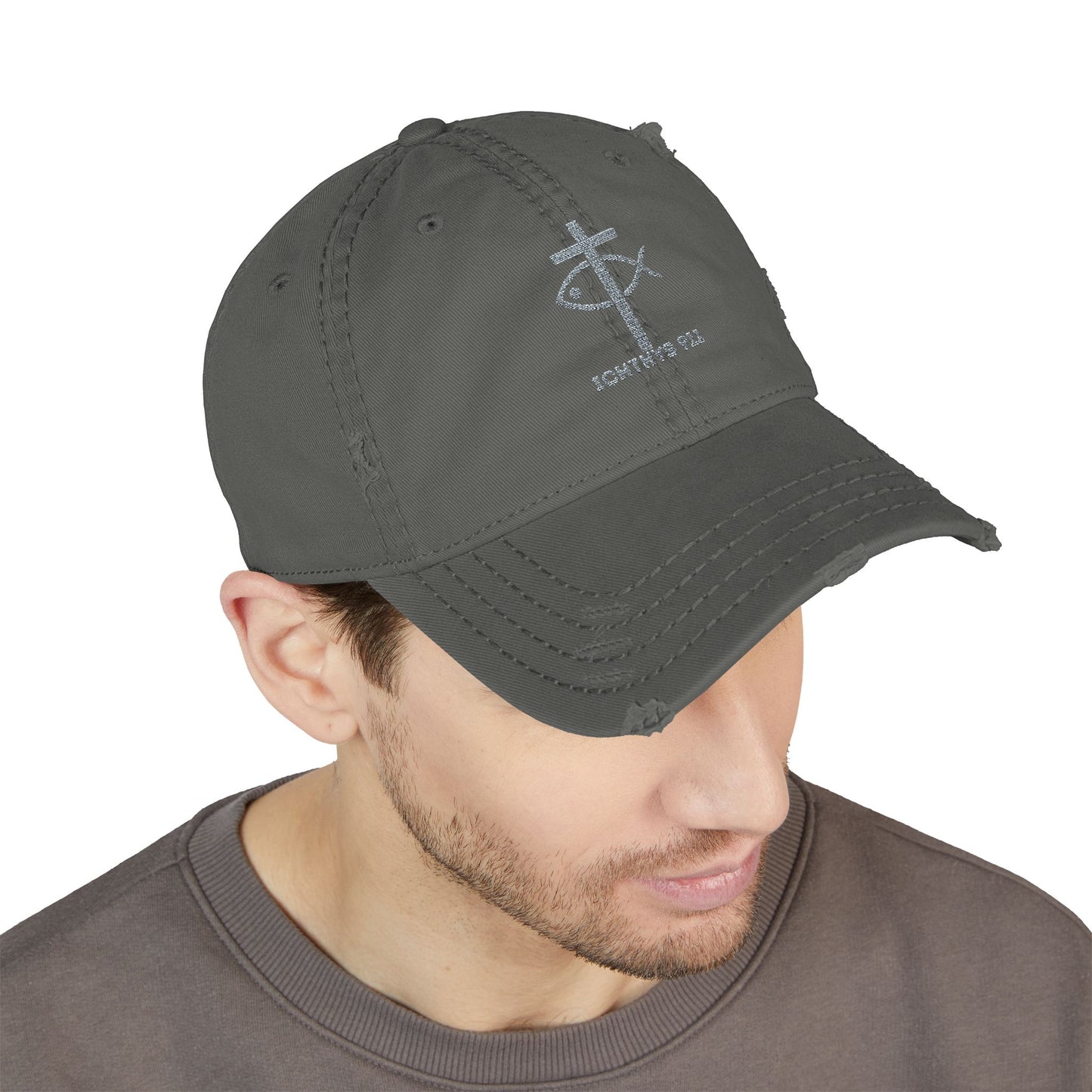 ICHTHYS 911 Embroidered Design - Distressed Hat with Casual Fashion - Accessory for Everyday Wear - ICHTHYS 911 Collection - This hat is very soft - Short stance - Everyone is loving this hat