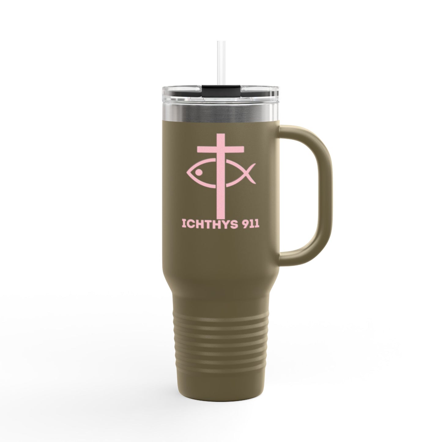 40oz Insulated Travel Mug with Straw - Perfect for On-the-Go Hydration & Outdoor Adventures - Featuring ICHTHYS 911