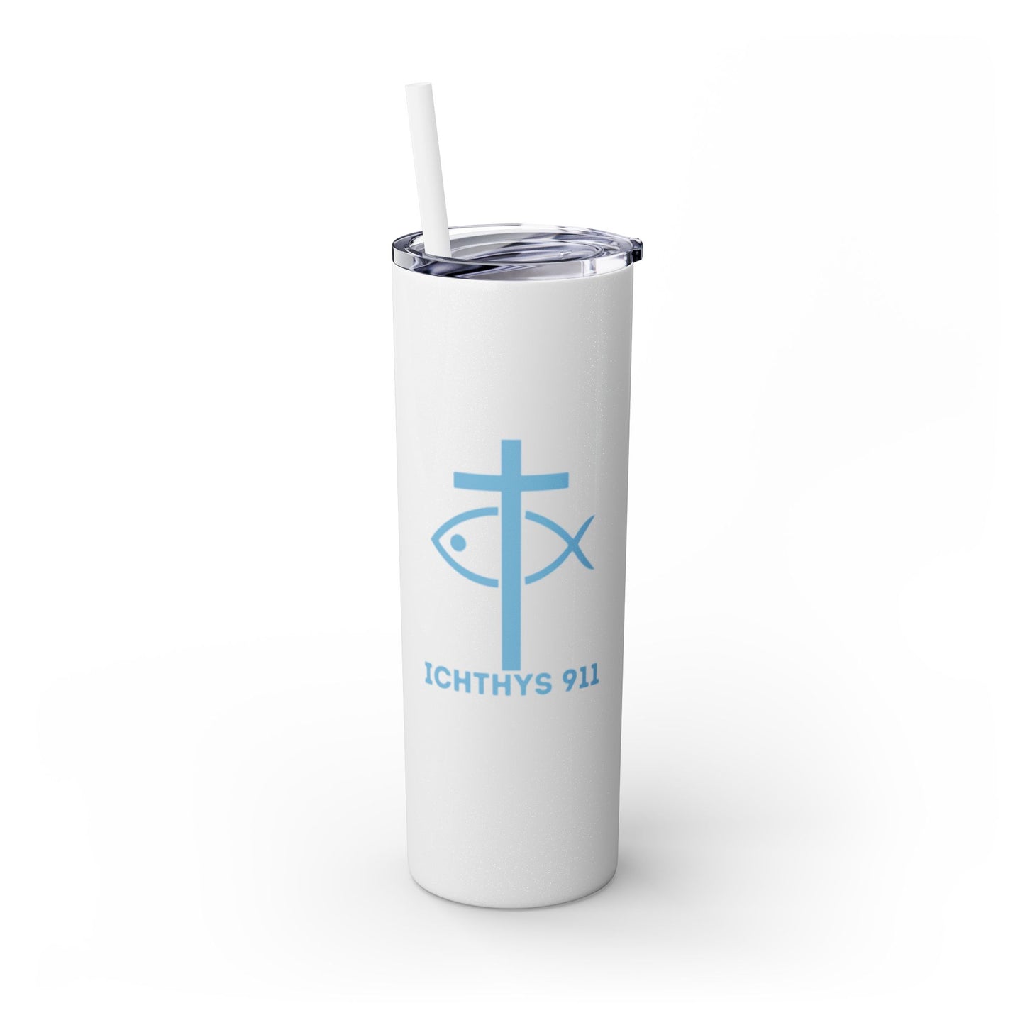 ICHTHYS 911 - Blue Font - Faith-Inspired Skinny Tumbler with Straw - 20oz Baby Shower Drip