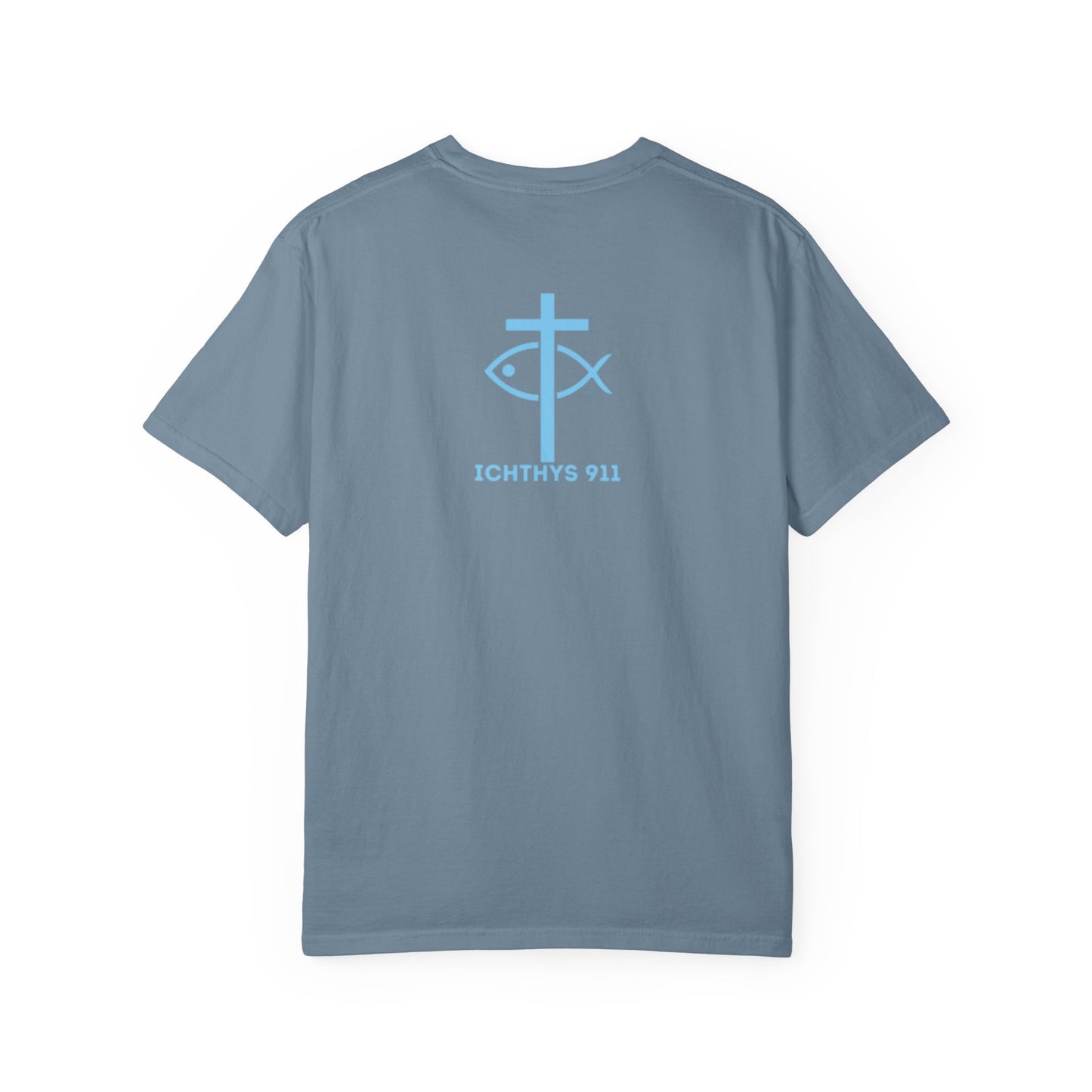 ICHTHYS 911 Blue Font "Iēsous Christos, Theou Yios, Sōtēr" - Reverse - Collection - Unisex - Christian Graphic Tee - Gym - T - Christian Faith - Jesus Wear - Women T-Shirt - Men T-Shirt