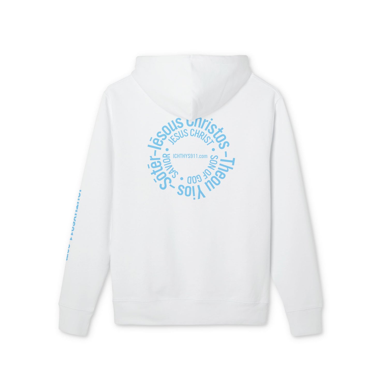 Iēsous Christos, Theou Yios, Sōtēr = Jesus Christ, Son of God, Savior - Unisex - Blue Font - Sweatshirt - ICHTHYS 911 - Hoodie -100% Organic- Heavy