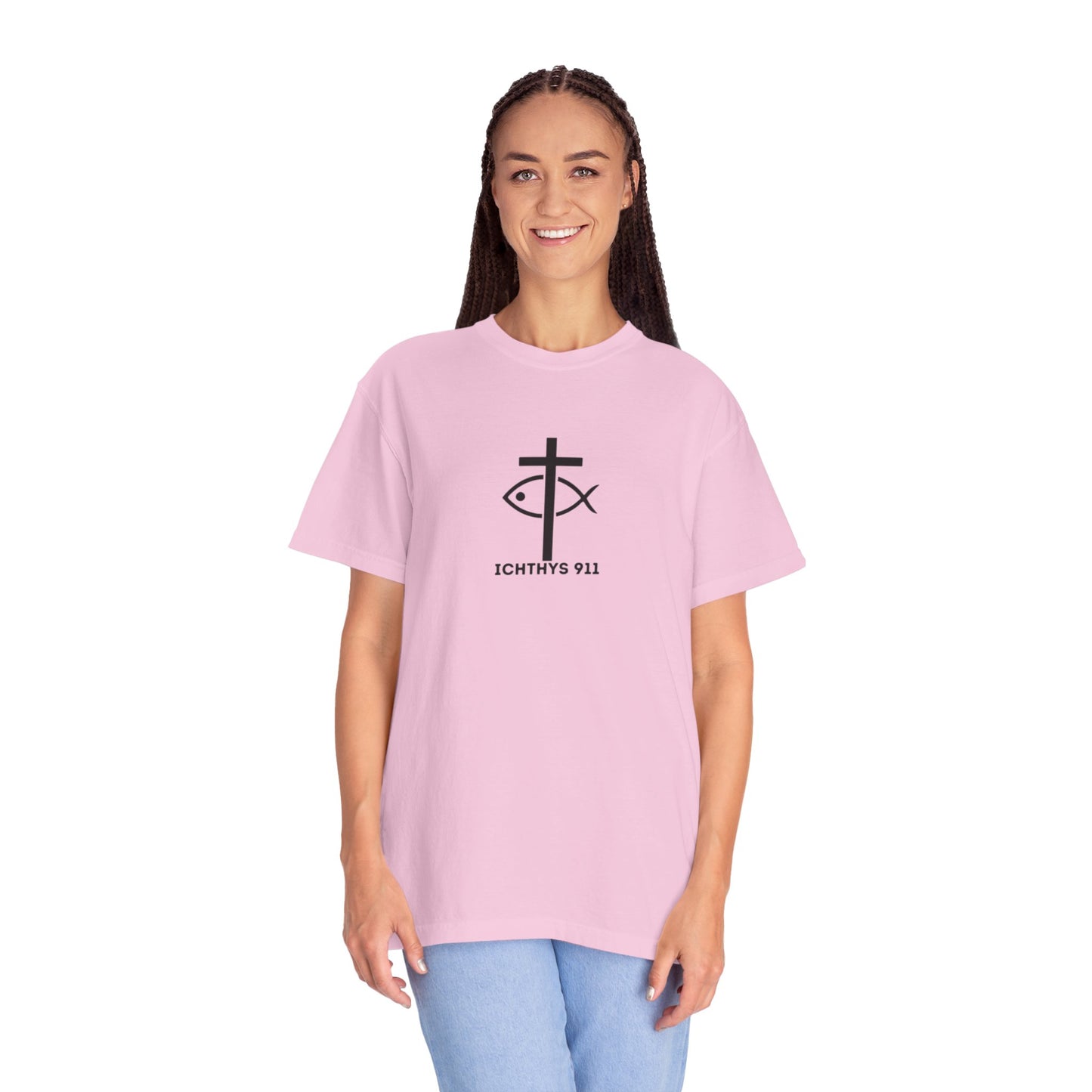 ICHTHYS 911 - Black Font "Faith & Strength" - Unisex Garment Dyed T- Shirt - 100% US Cotton - Men T-Shirt - Women T-Shirt - Inspirational Graphic T-Shirt for Everyday Motivation - Women T-Shirt - Soft T