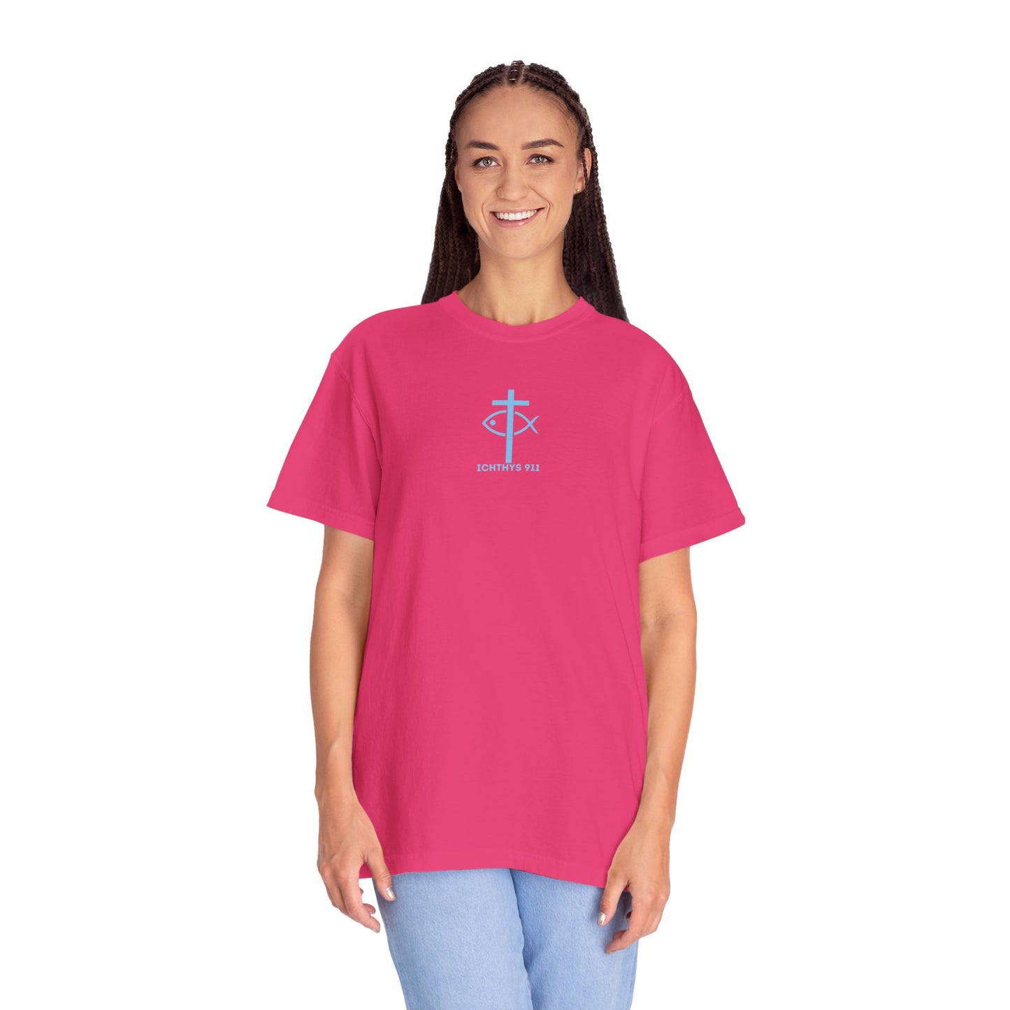 ICHTHYS 911 - Blue Font - Vendor - "Iēsous Christos, Theou Yios, Sōtēr" - Garment-Dyed Unisex T-Shirt - Men T-Shirt - Women T-Shirt - Christian Symbol - Greek - Faith Inspired -Christian Streetwear – Jesus Gym & Faith Fashion, Unisex Garment