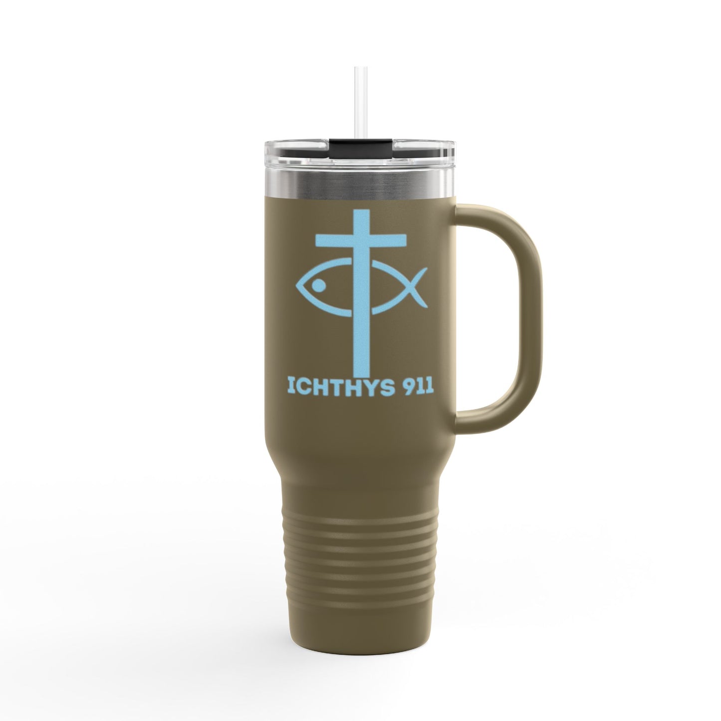 Faith-Inspired Insulated Travel Mug - 40oz with ICHTYS 911 Design