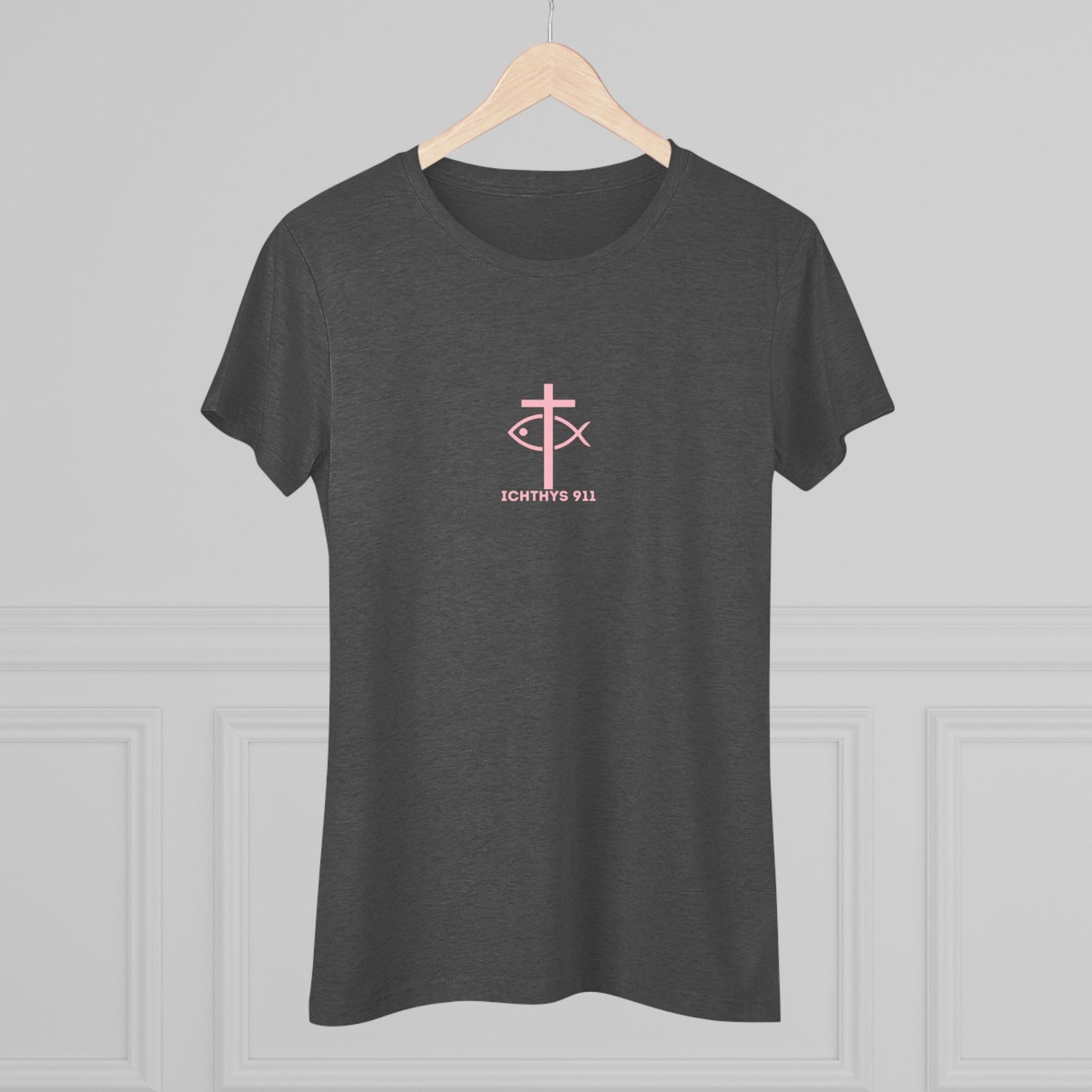 ICHTHYS 911 "IC Round Collection" Pink Font - Inspirational Women's Triblend Tee - Women T-Shirt - 50% polyester, 25% cotton, 25% ryaon